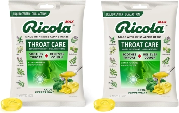 Ricola Max Throat Care Cool Peppermint Large Bags Cough Suppressant Drops Dual Action Liquid Center Soothing Relief 34 Count Pack of 2