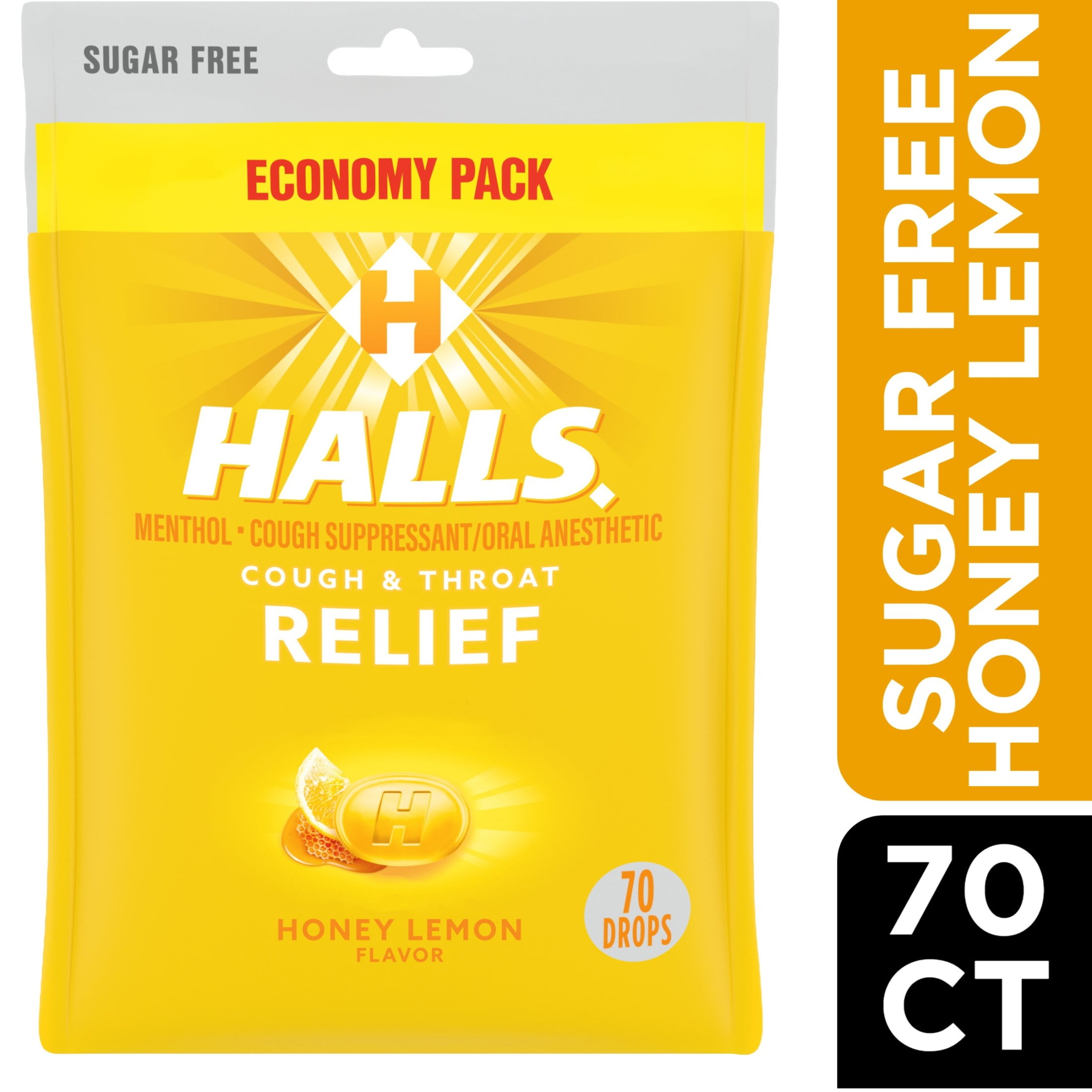 Halls Relief Honey Lemon Sugar Free Cough Drops Economy Pack 70 Drops