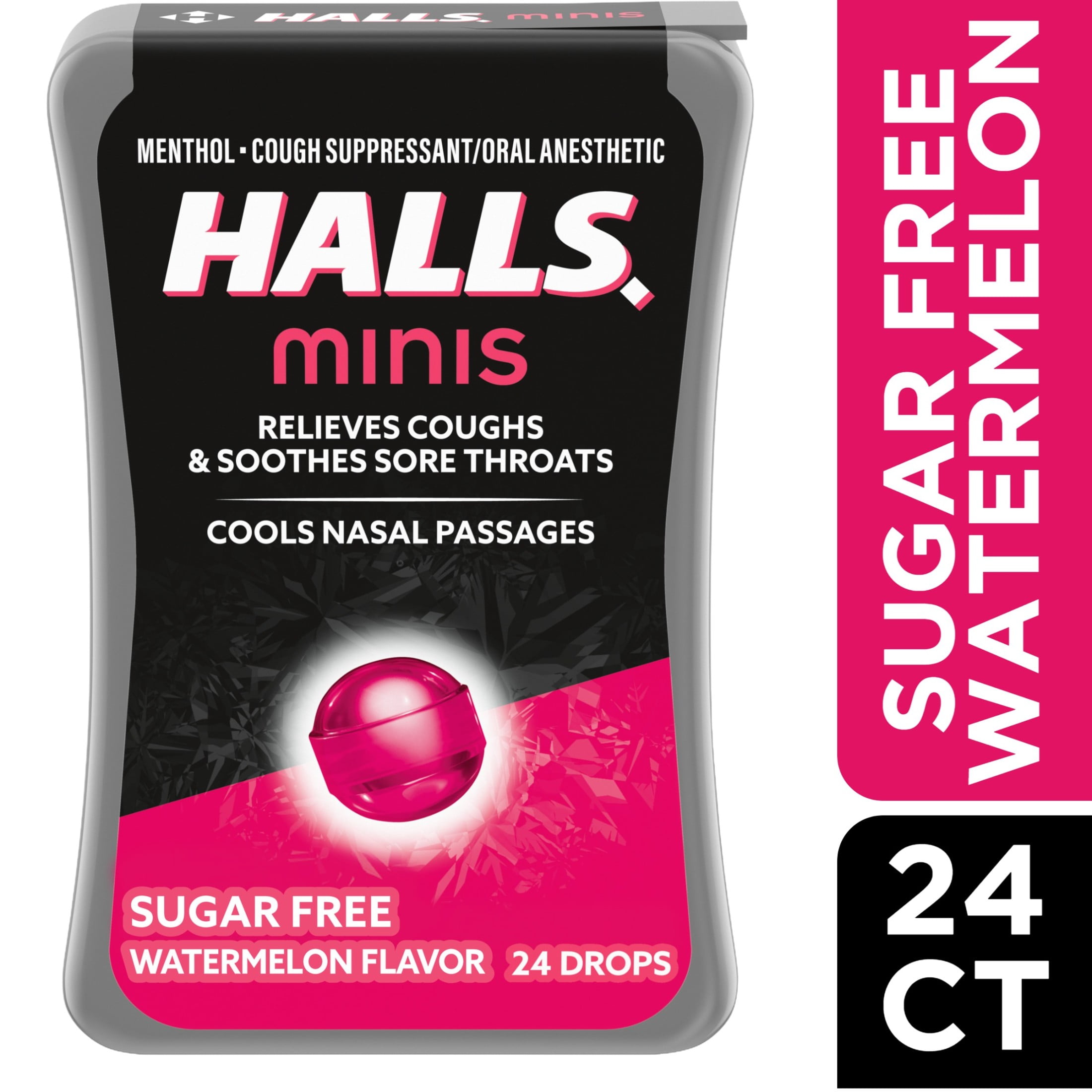 Halls Minis Watermelon Flavor Sugar Free Cough Drops 24 Drops Bundle