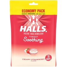 Halls Creamy Strawberry Throat Drops Economy Pack 70 Drops for Soothing Throat.