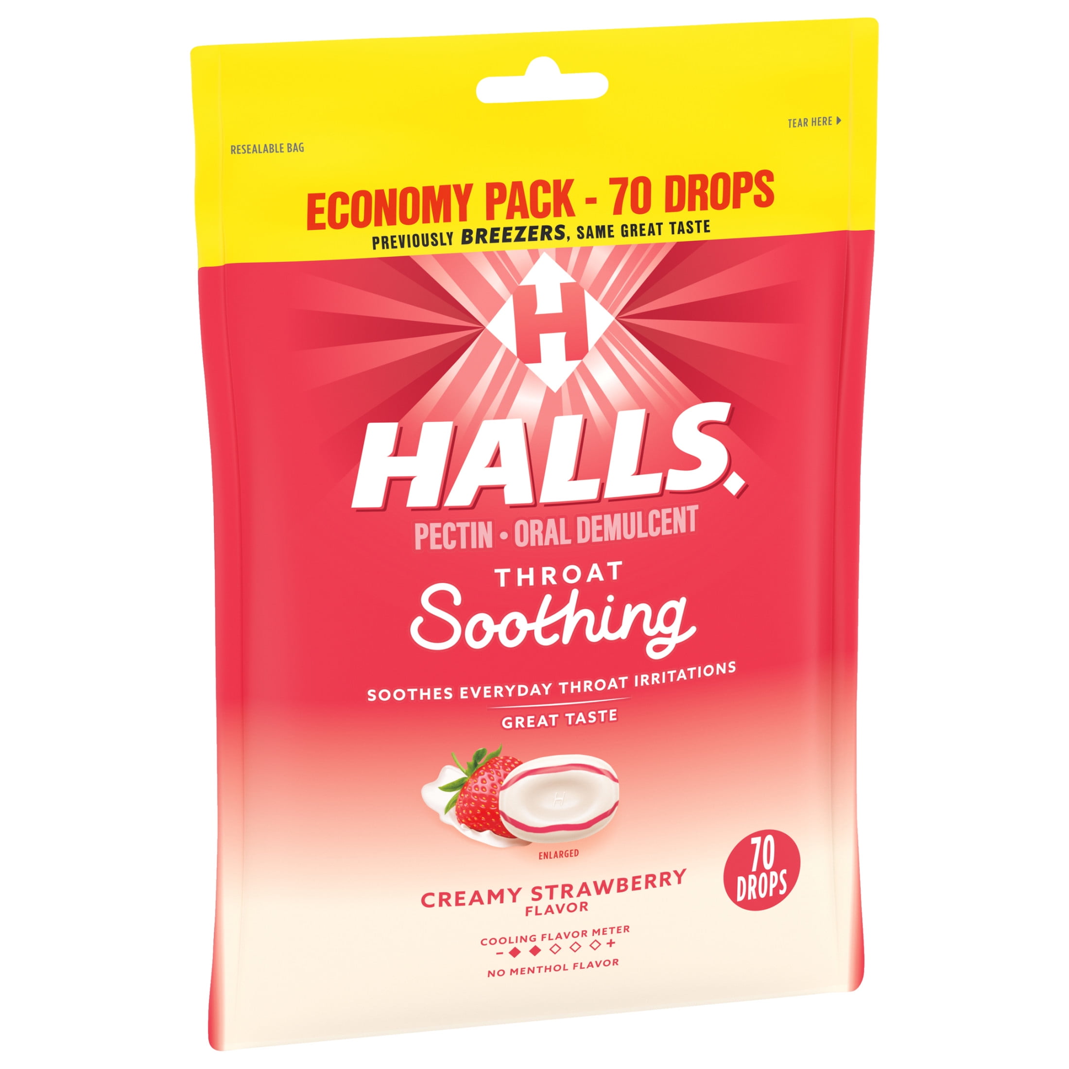 Halls Creamy Strawberry Throat Drops Economy Pack 70 Drops for Soothing Throat.
