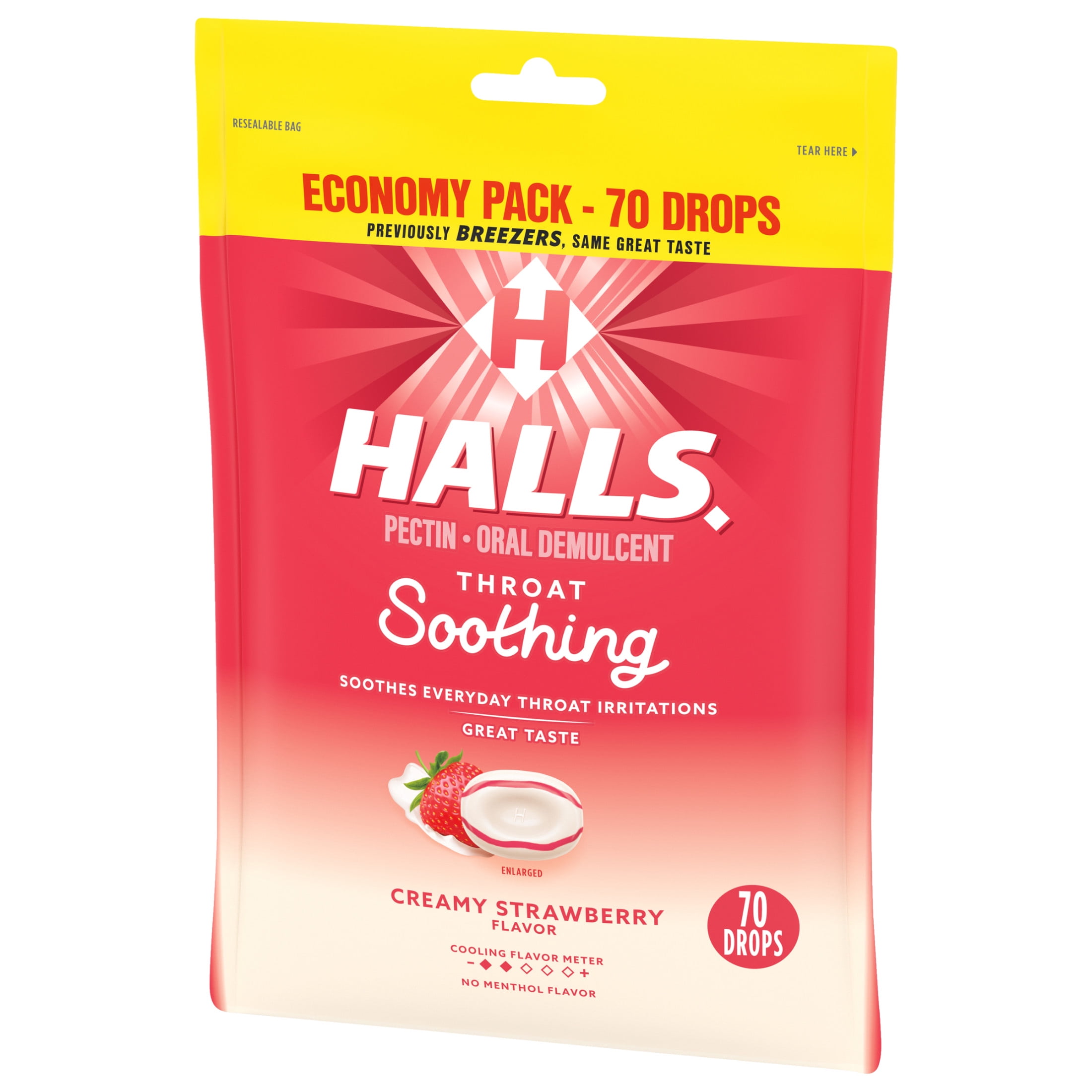 Halls Creamy Strawberry Throat Drops Economy Pack 70 Drops for Soothing Throat.
