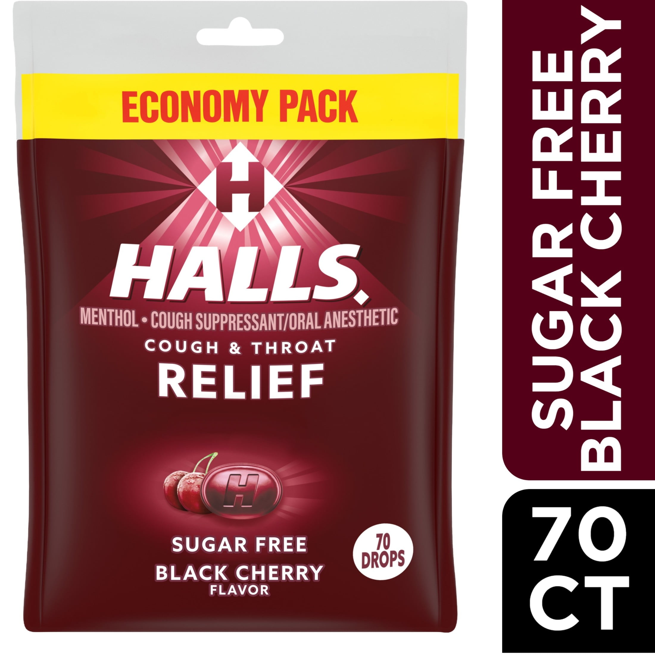 Halls Relief Sugar Free Black Cherry Cough Drops Economy Pack 70 Drops