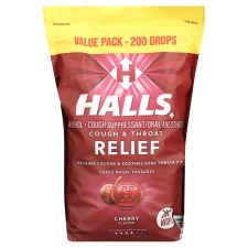 Halls Cherry Cough Suppressant Oral Anesthetic Drops 200 Count