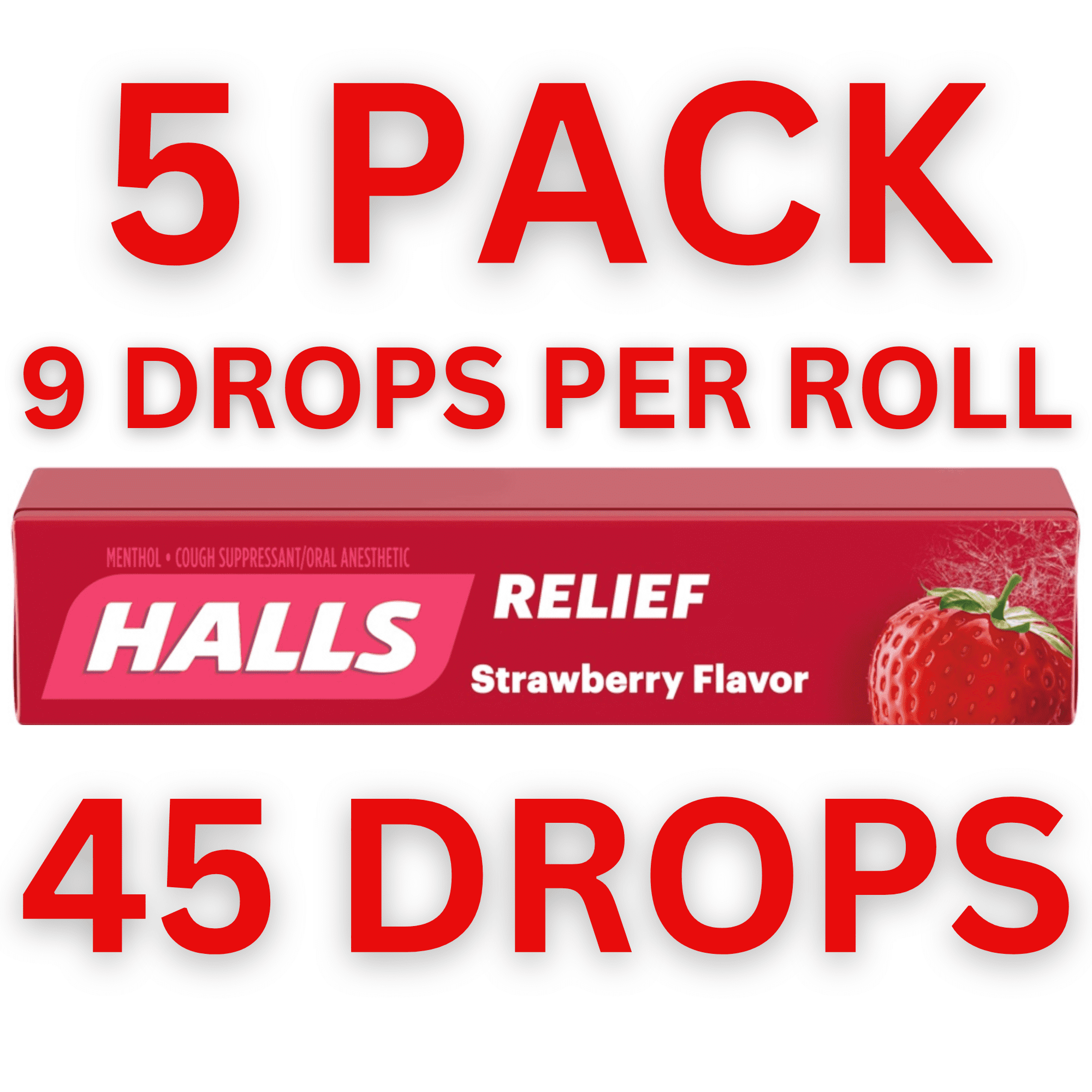 Halls Relief Strawberry Flavor Cough Suppressant Oral Anesthetic 45 Drops (5 Rolls)