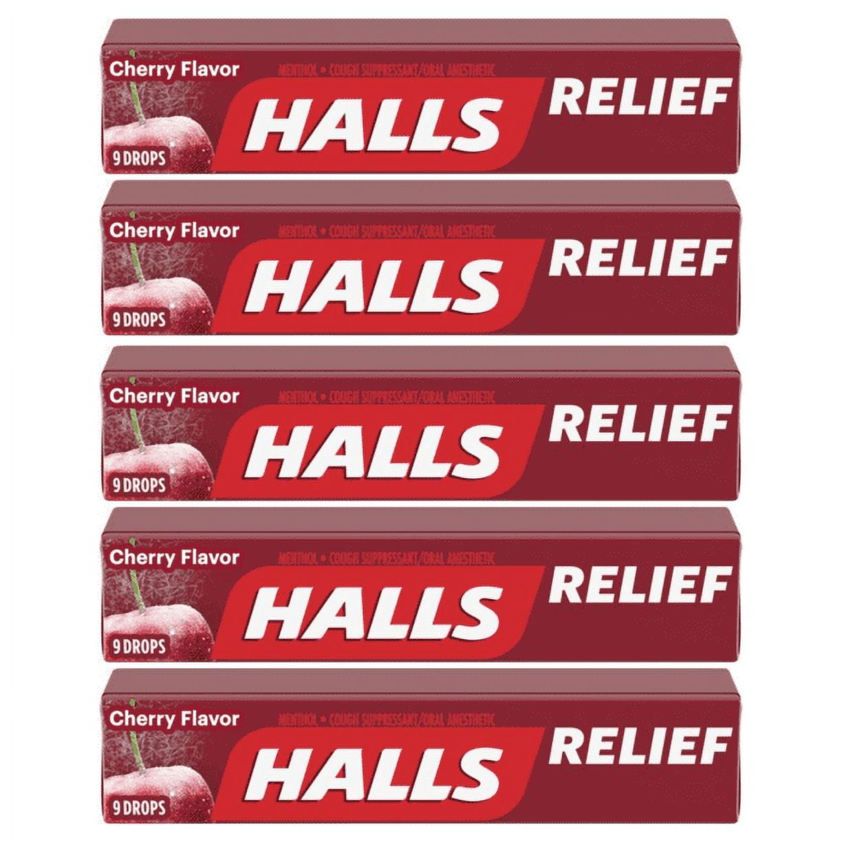 Halls Relief CHERRY Flavor Cough Suppressant Oral Anesthetic Drops 5-Pack 45 Drops