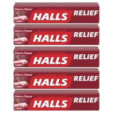 Halls Relief CHERRY Flavor Cough Suppressant Oral Anesthetic Drops 5-Pack 45 Drops