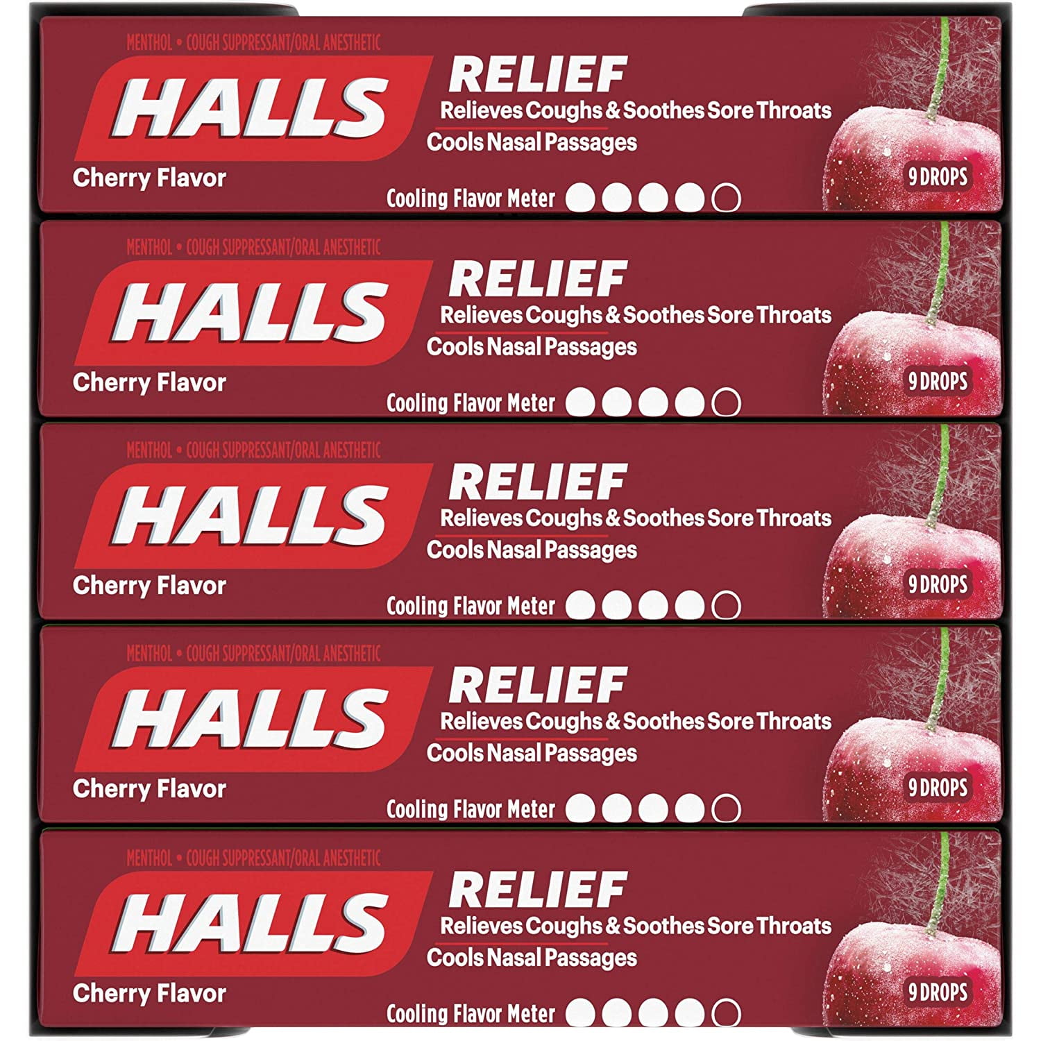 Halls Relief CHERRY Flavor Cough Suppressant Oral Anesthetic Drops 5-Pack 45 Drops