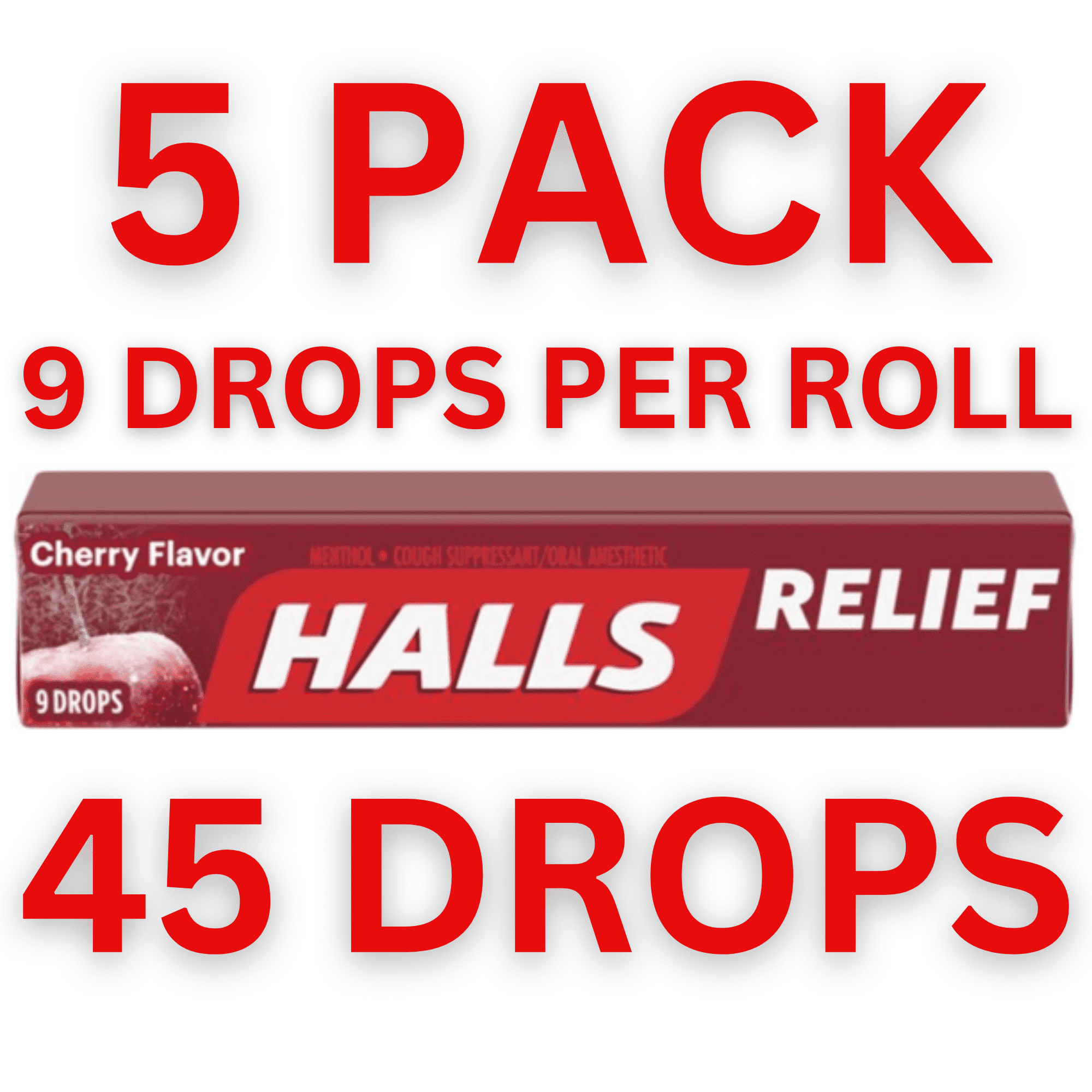 Halls Relief CHERRY Flavor Cough Suppressant Oral Anesthetic Drops 5-Pack 45 Drops