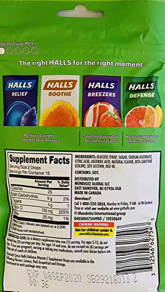 Halls Defense Vitamin C Assorted Citrus Cough Drops 30 Count Pack of 2