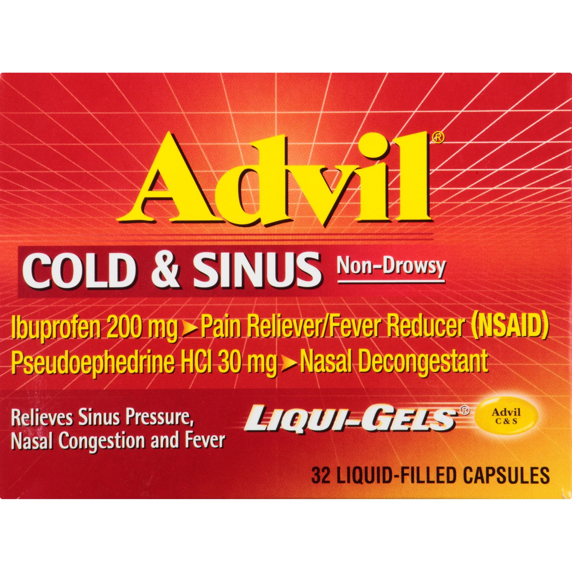 Advil Cold Sinus Relief Medicine Ibuprofen Pseudoephedrine Hcl 32 Liqui-Gels