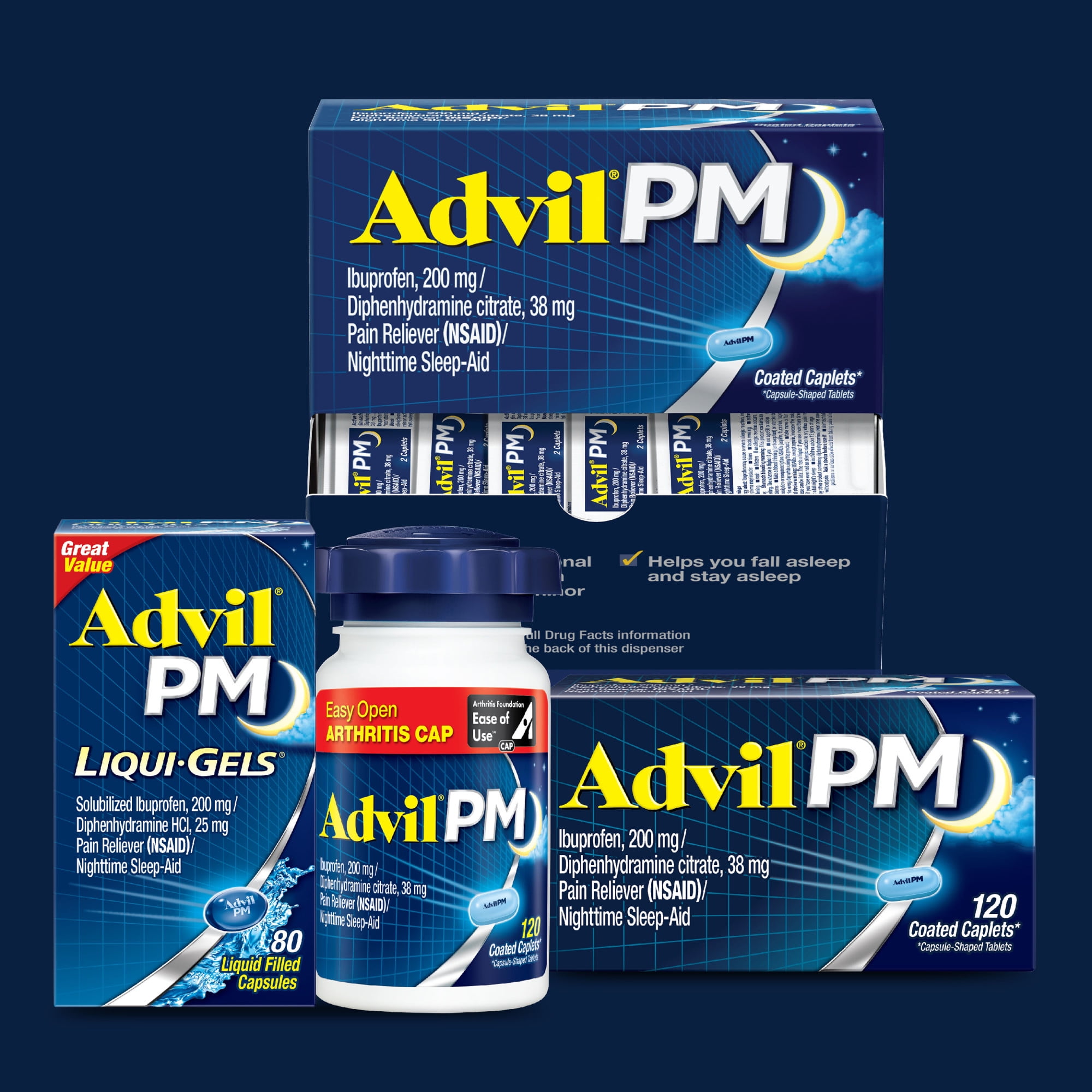 Advil PM Liqui-Gels Pain Reliever Nighttime Sleep Aid Ibuprofen Diphenhydramine Hcl 50 Capsules