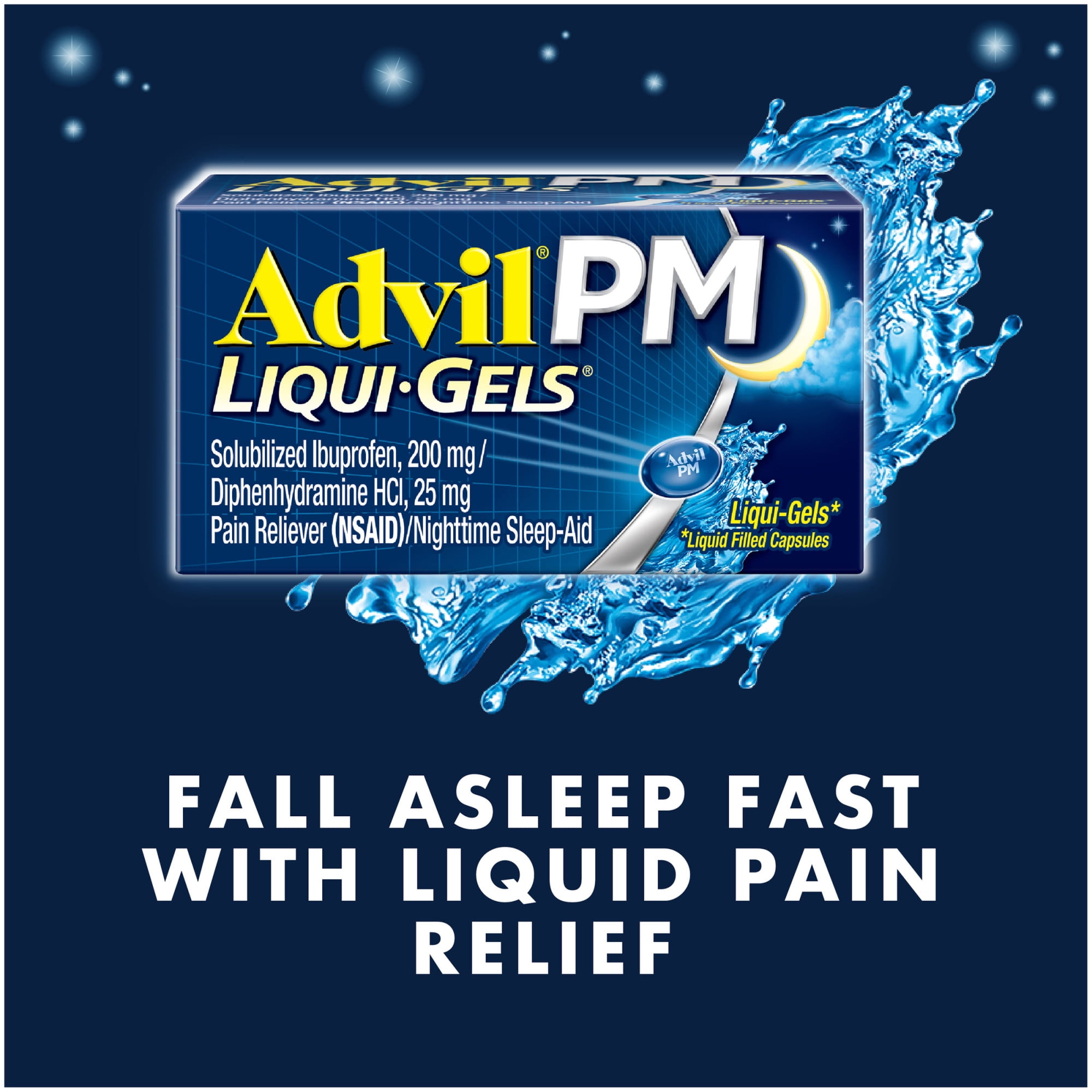 Advil PM Liqui-Gels Pain Reliever Nighttime Sleep Aid Ibuprofen Diphenhydramine Hcl 50 Capsules