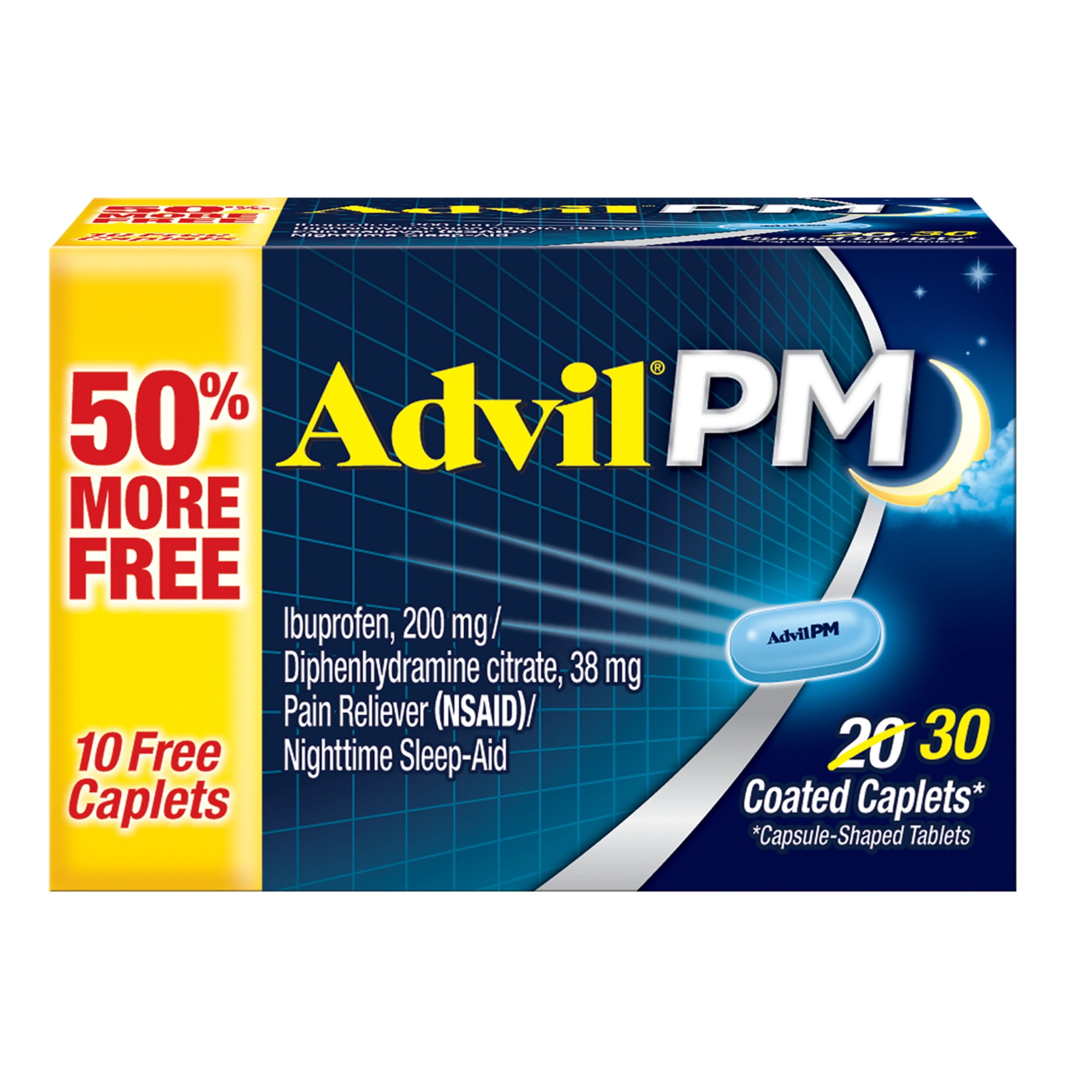 Advil PM Pain Reliever Nighttime Sleep Aid Ibuprofen Pain Relief Diphenhydramine Citrate Sleep Aid 20+10 Coated Caplets