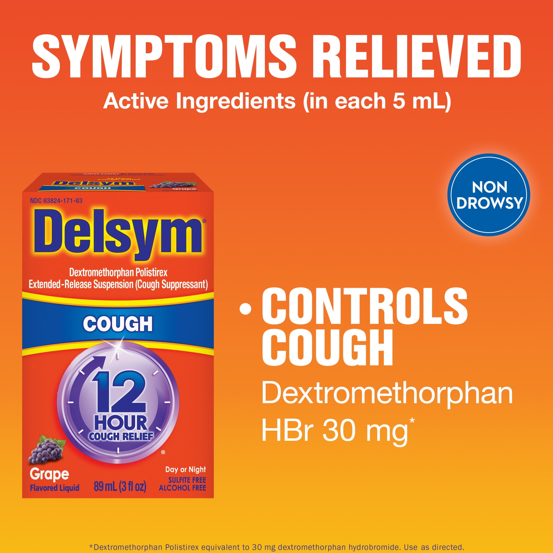 Delsym Adult 12-Hour Cough Relief: Powerful Liquid for 12 Hours, Grape Flavor - 3 Fl Oz
