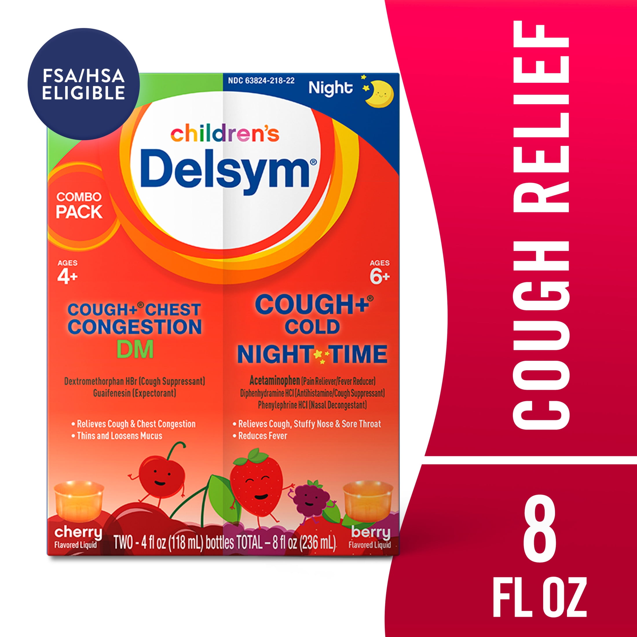 Delsym Childrens Cough Chest Congestion Day Night Cold Liquid Cherry Berry 8oz 2X4oz