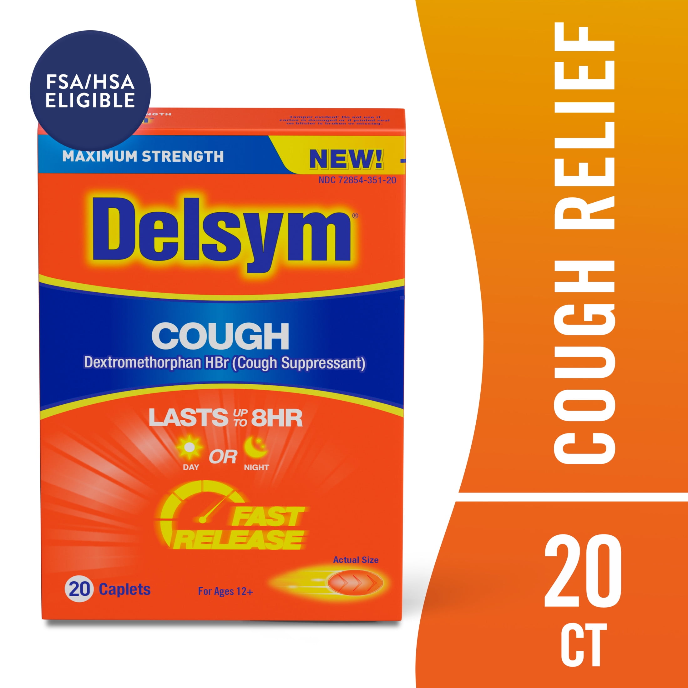 Delsym Cough Suppressant Fast Release Caplets 8 Hour Day Night 20 Count