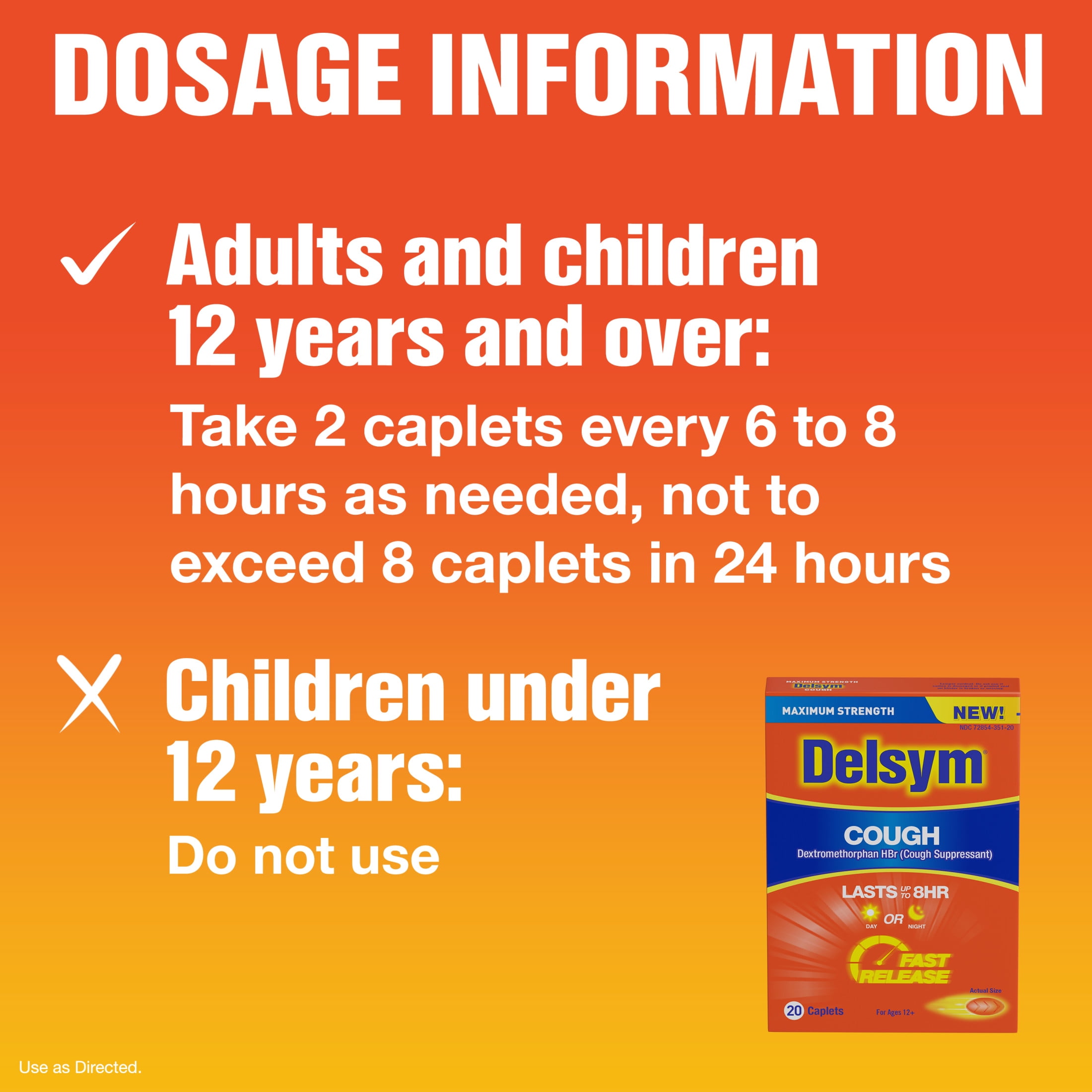 Delsym Cough Suppressant Fast Release Caplets 8 Hour Day Night 20 Count