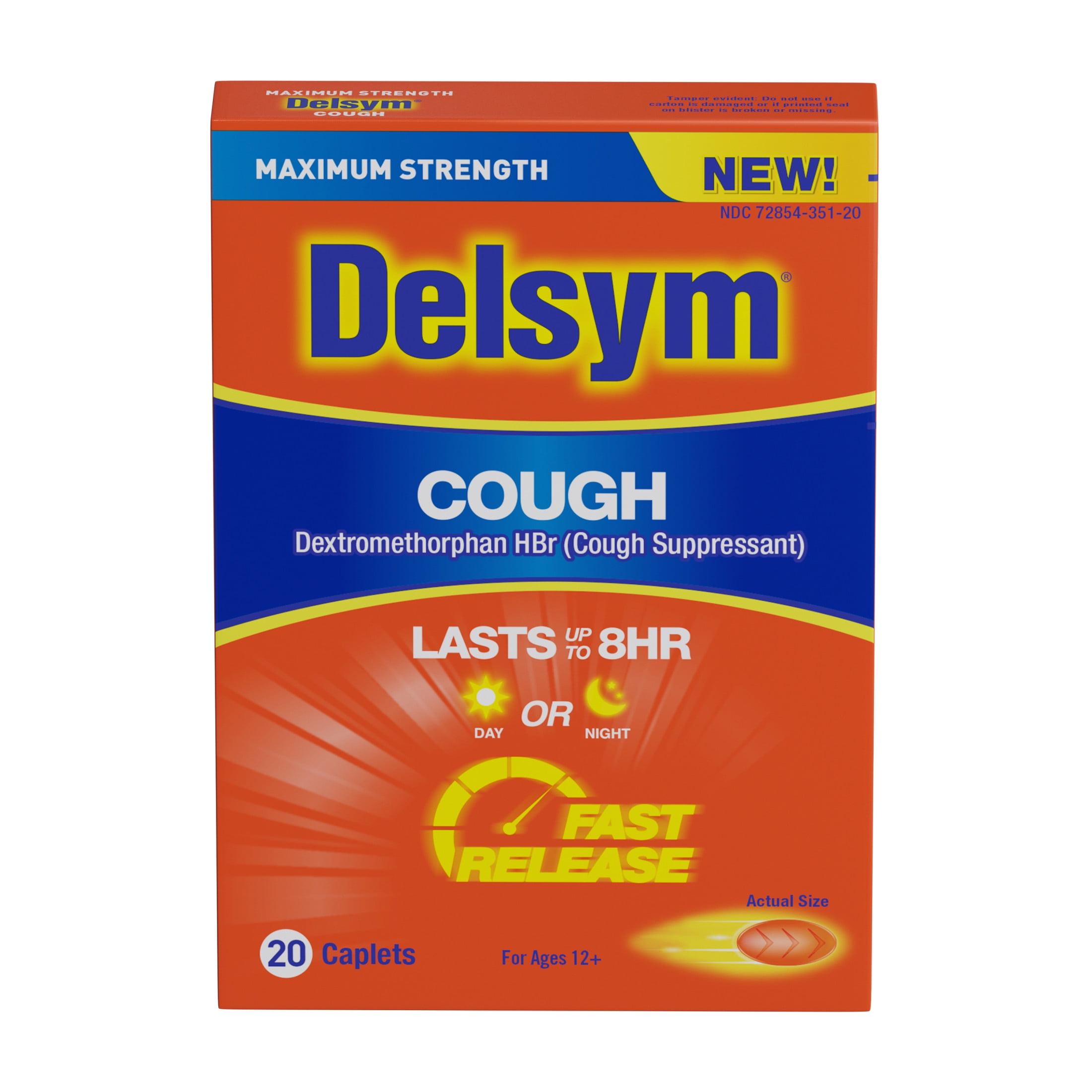 Delsym Cough Suppressant Fast Release Caplets 8 Hour Day Night 20 Count