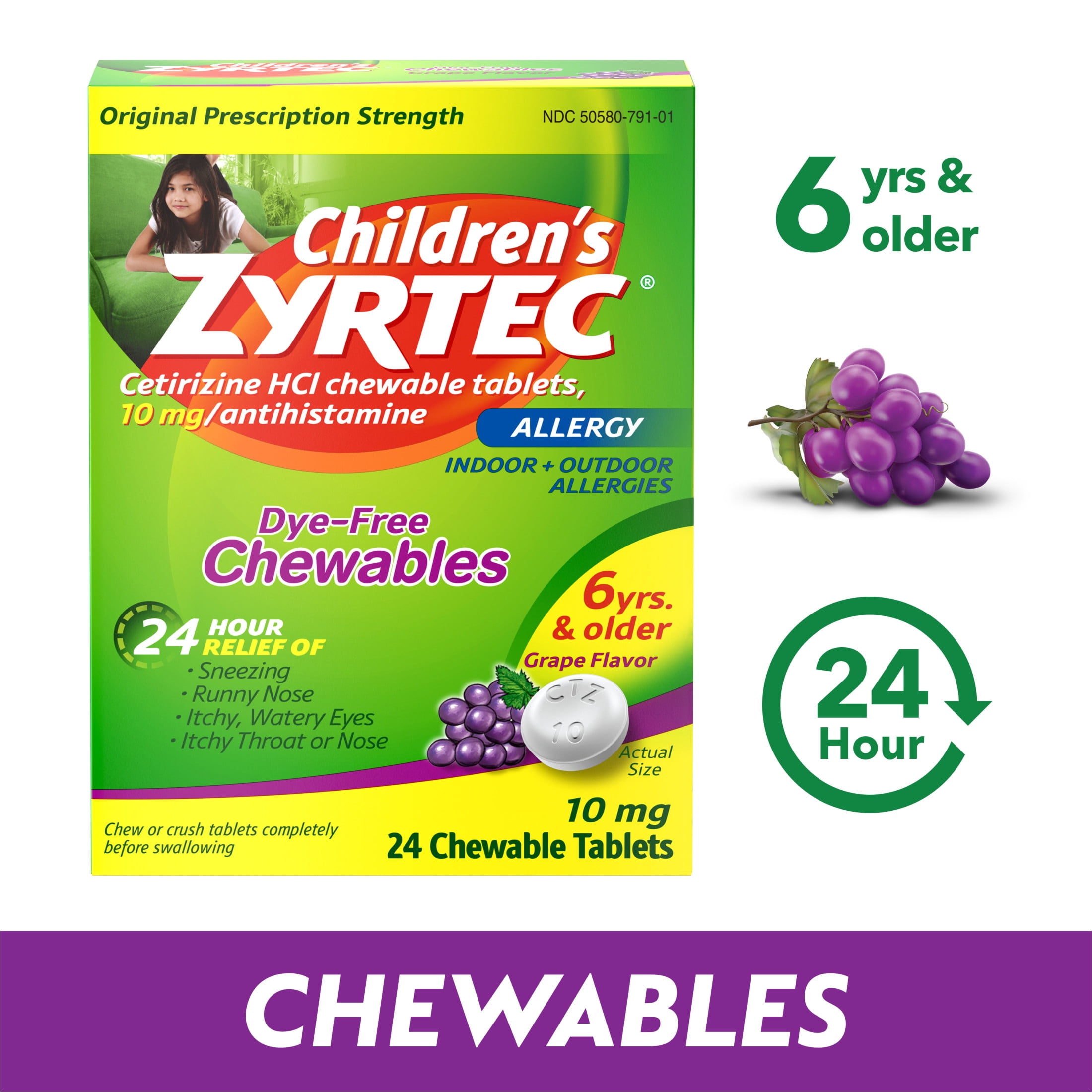 Zyrtec 24 Hour Children Allergy Chews 6 Plus Years 10 mg Grape Flavor 24 Count