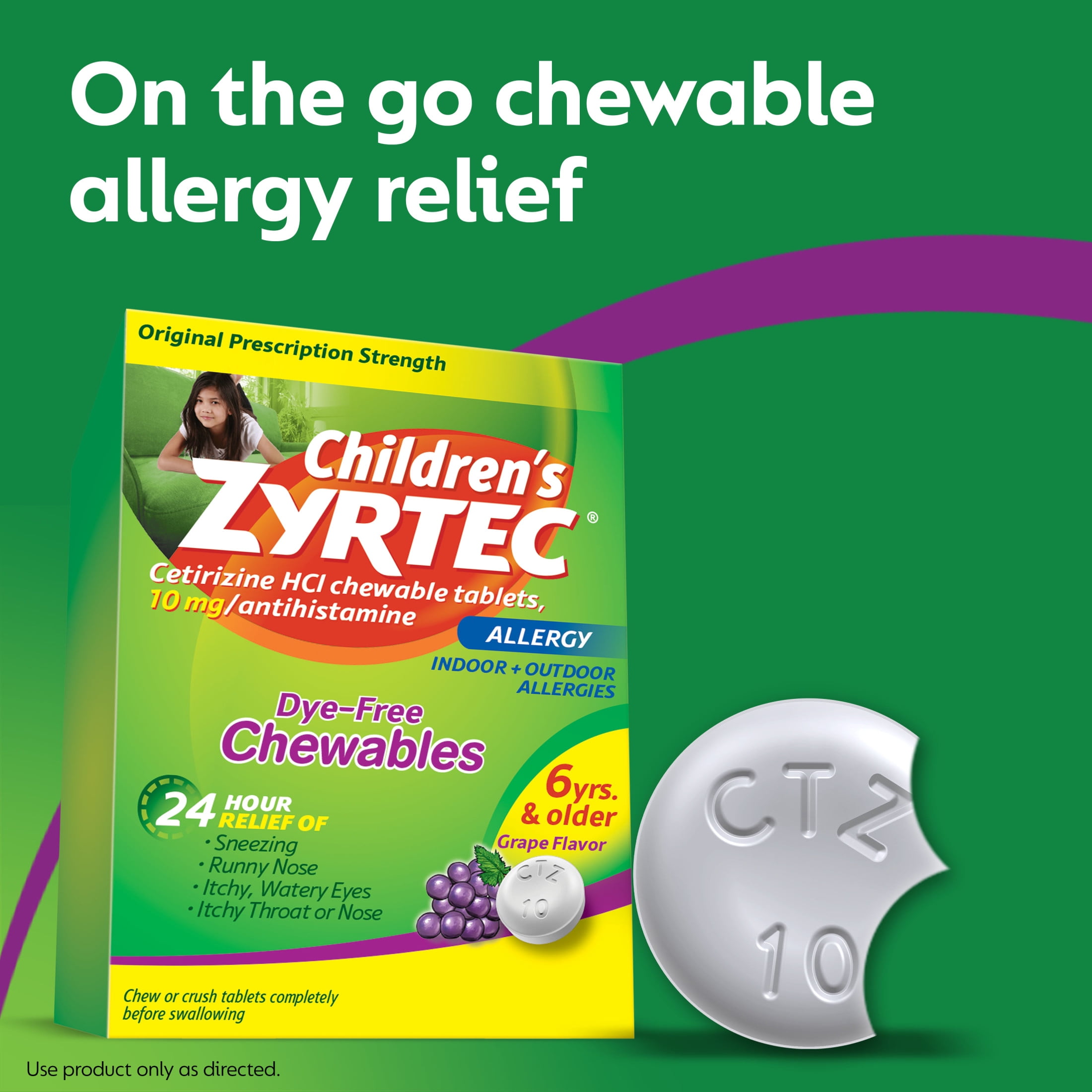 Zyrtec 24 Hour Children Allergy Chews 6 Plus Years 10 mg Grape Flavor 24 Count