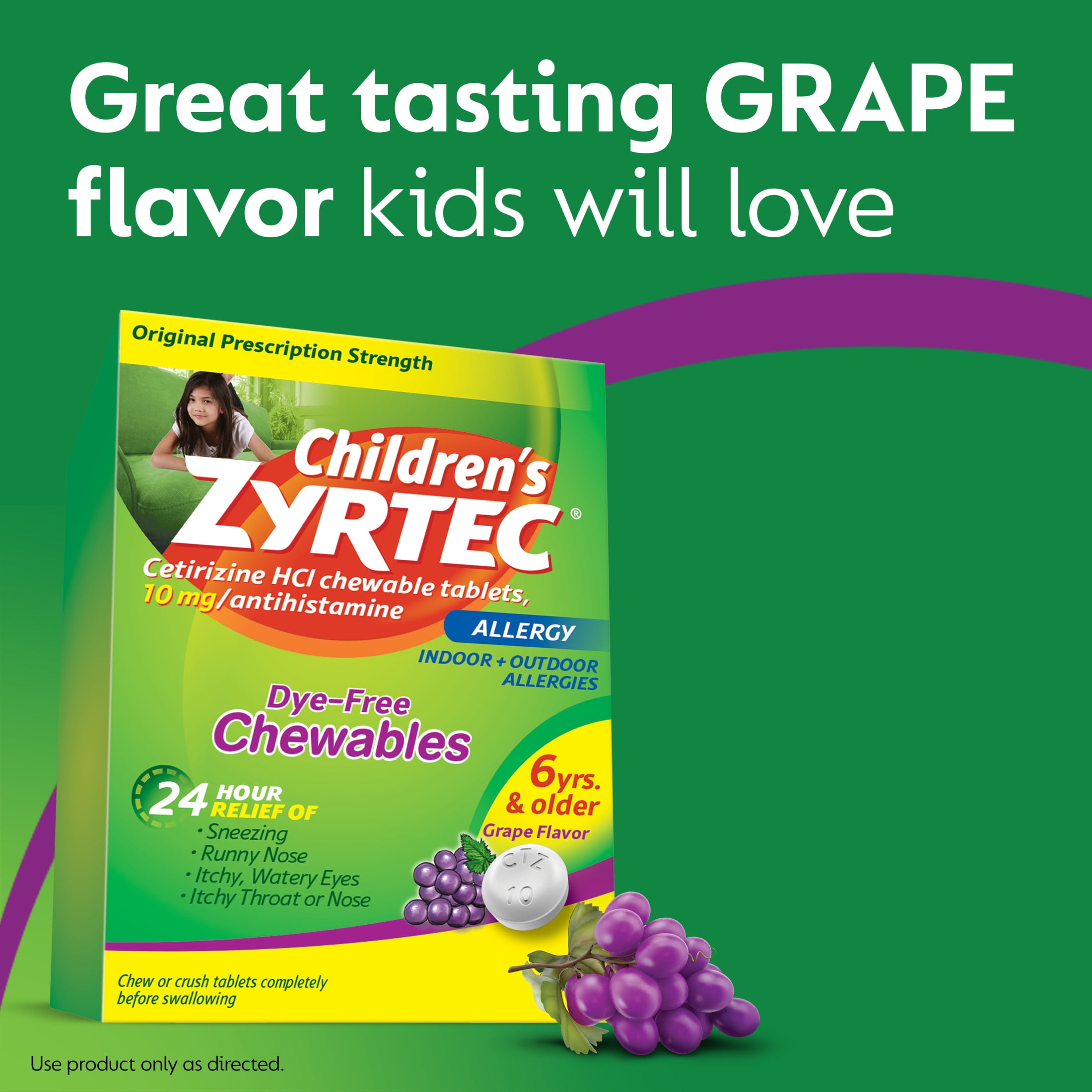 Zyrtec 24 Hour Children Allergy Chews 6 Plus Years 10 mg Grape Flavor 24 Count