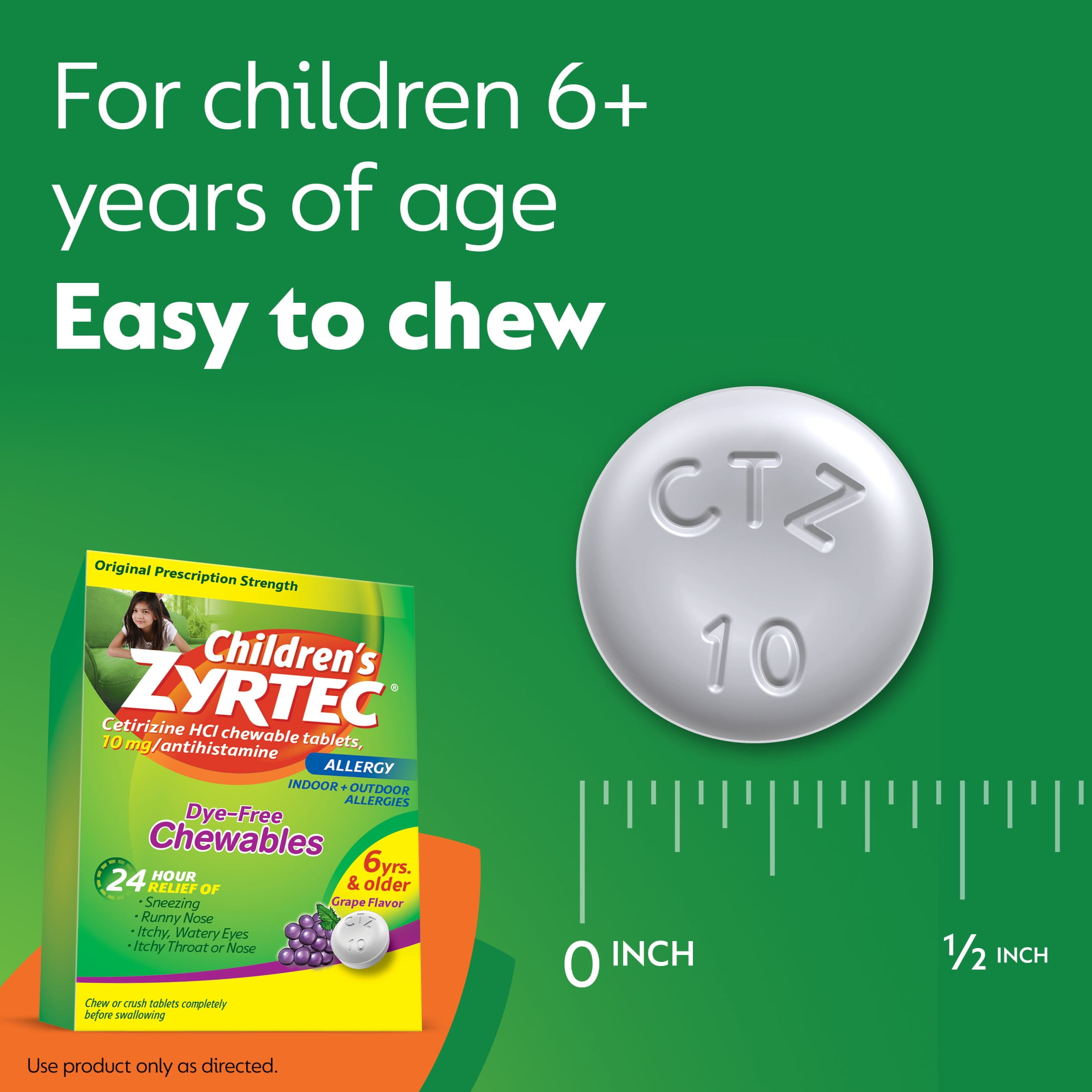 Zyrtec 24 Hour Children Allergy Chews 6 Plus Years 10 mg Grape Flavor 24 Count