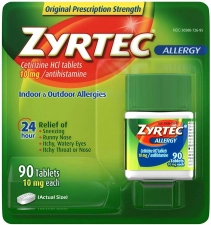 ZYRTEC 24 HOUR ALLERGY RELIEF TABLETS 10 MG CETIRIZINE HCL ANTIHISTAMINE ALLERGY MEDICINE 90 CT PACK OF 2