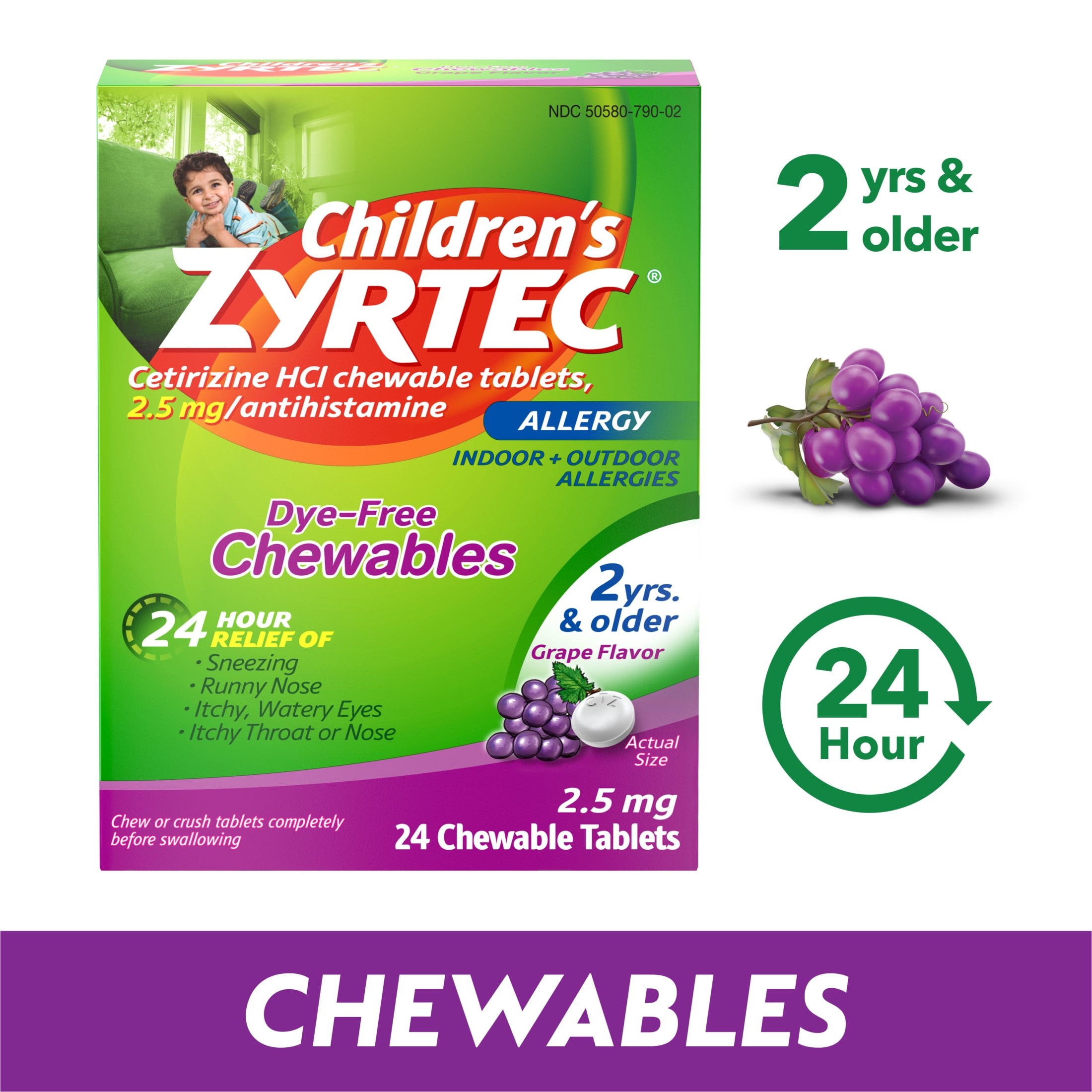 Zyrtec 24 Hour Childrens Allergy Chews 2+ Yrs 2.5 mg Grape 24 Ct