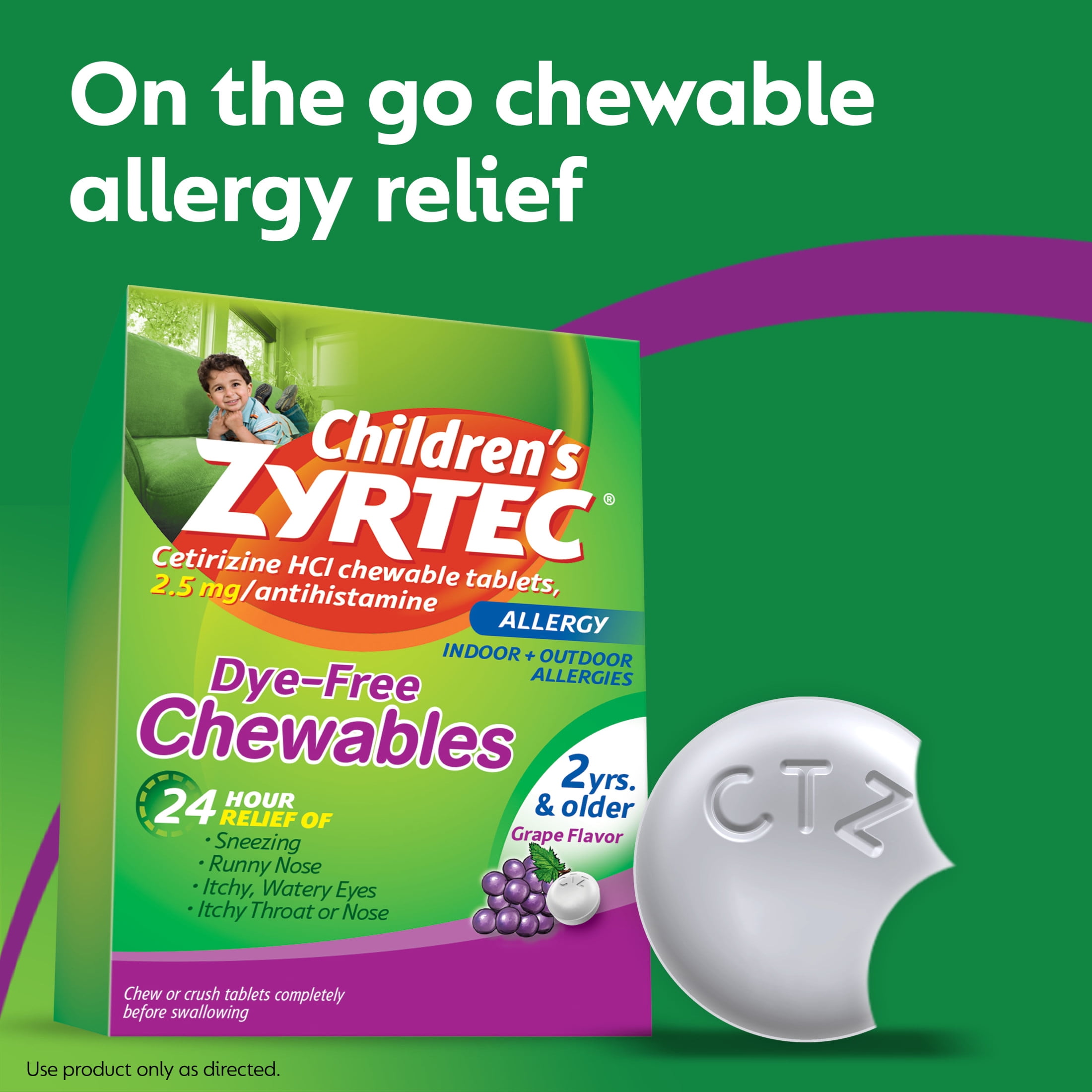 Zyrtec 24 Hour Childrens Allergy Chews 2+ Yrs 2.5 mg Grape 24 Ct