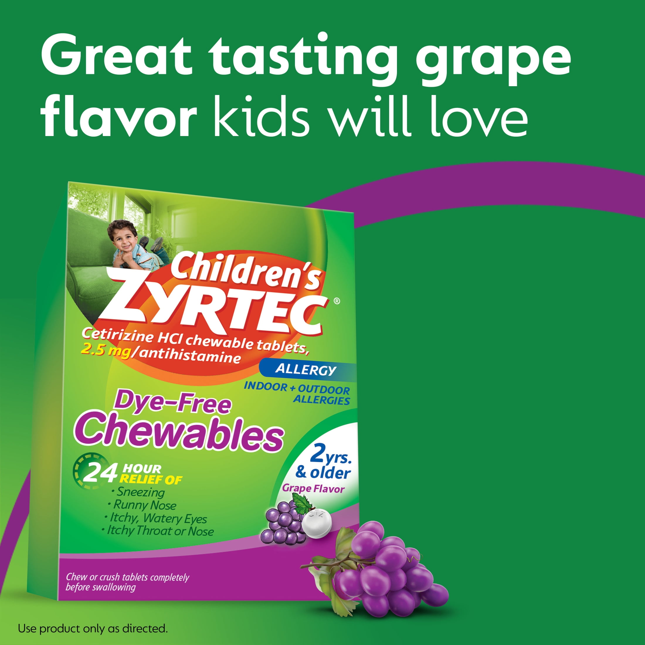 Zyrtec 24 Hour Childrens Allergy Chews 2+ Yrs 2.5 mg Grape 24 Ct