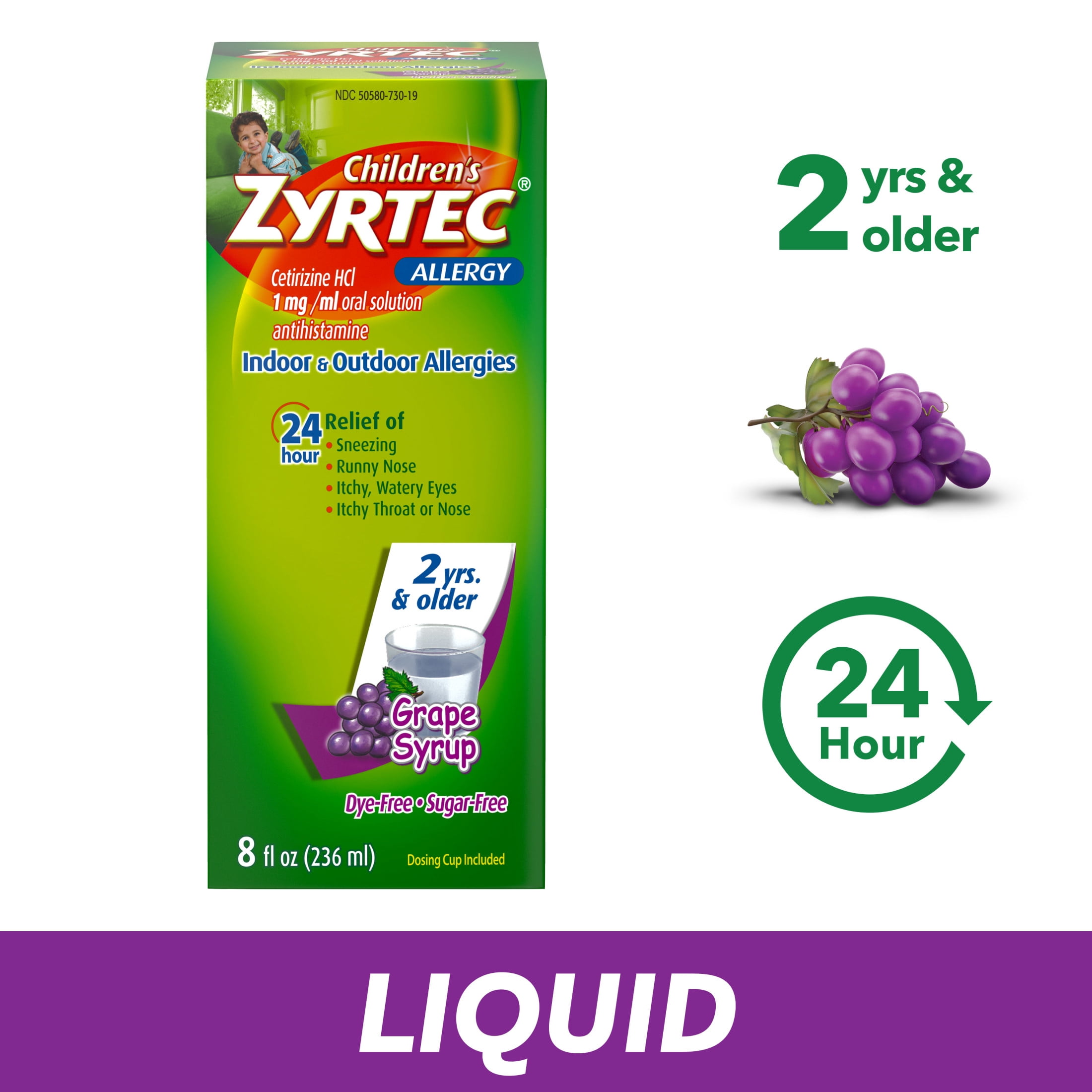 Zyrtec Children 24 Hour Allergy Relief Syrup Grape Flavor 8 fl oz