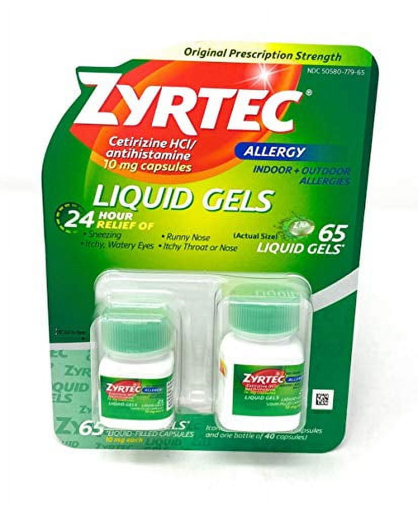 Zyrtec Cetirizine HCI Antihistamine 10mg 65 Liquid Gels 25 + 40 One Bottle Pack