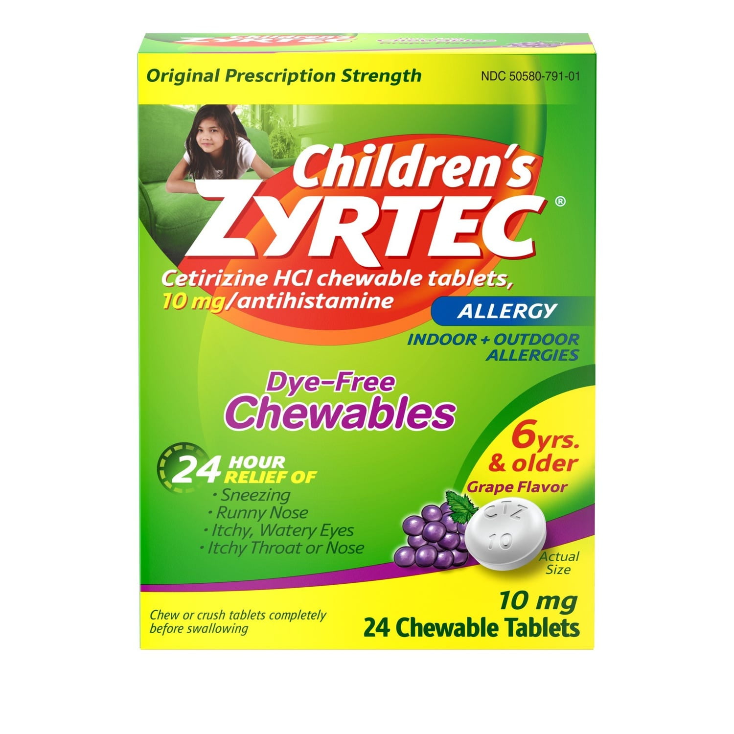 Zyrtec Children's Dye Free Cetirizine 10mg Chewables Grape 24ct Pack of 2