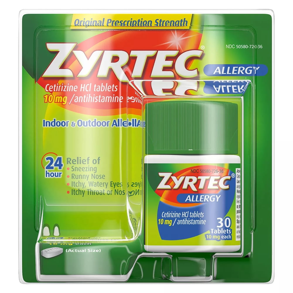 Zyrtec 24 Hour Allergy Relief for Indoor Outdoor Allergies 30 Tablets