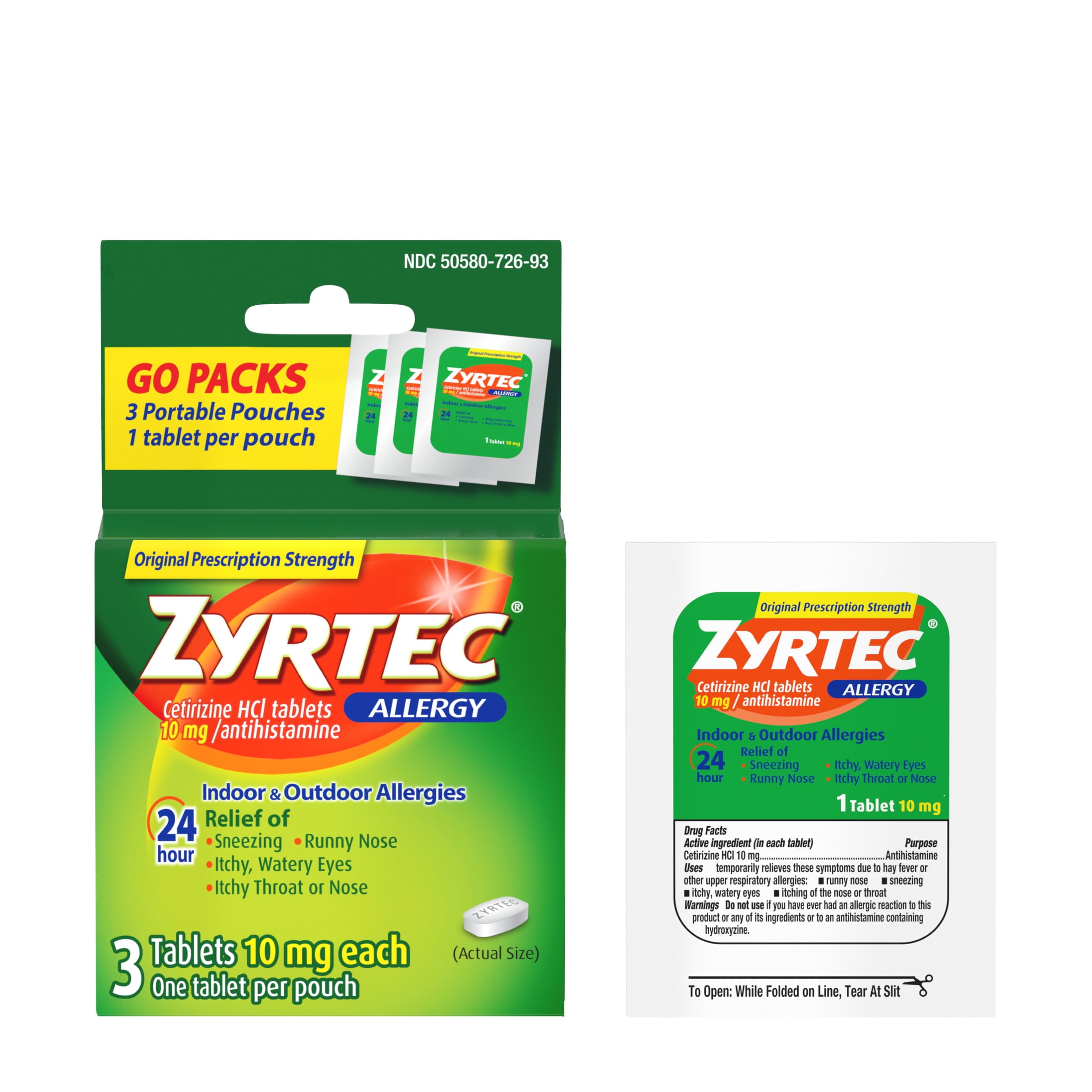 Zyrtec 24 Hour Allergy Tablets Cetirizine HCl Travel Size 3 ct