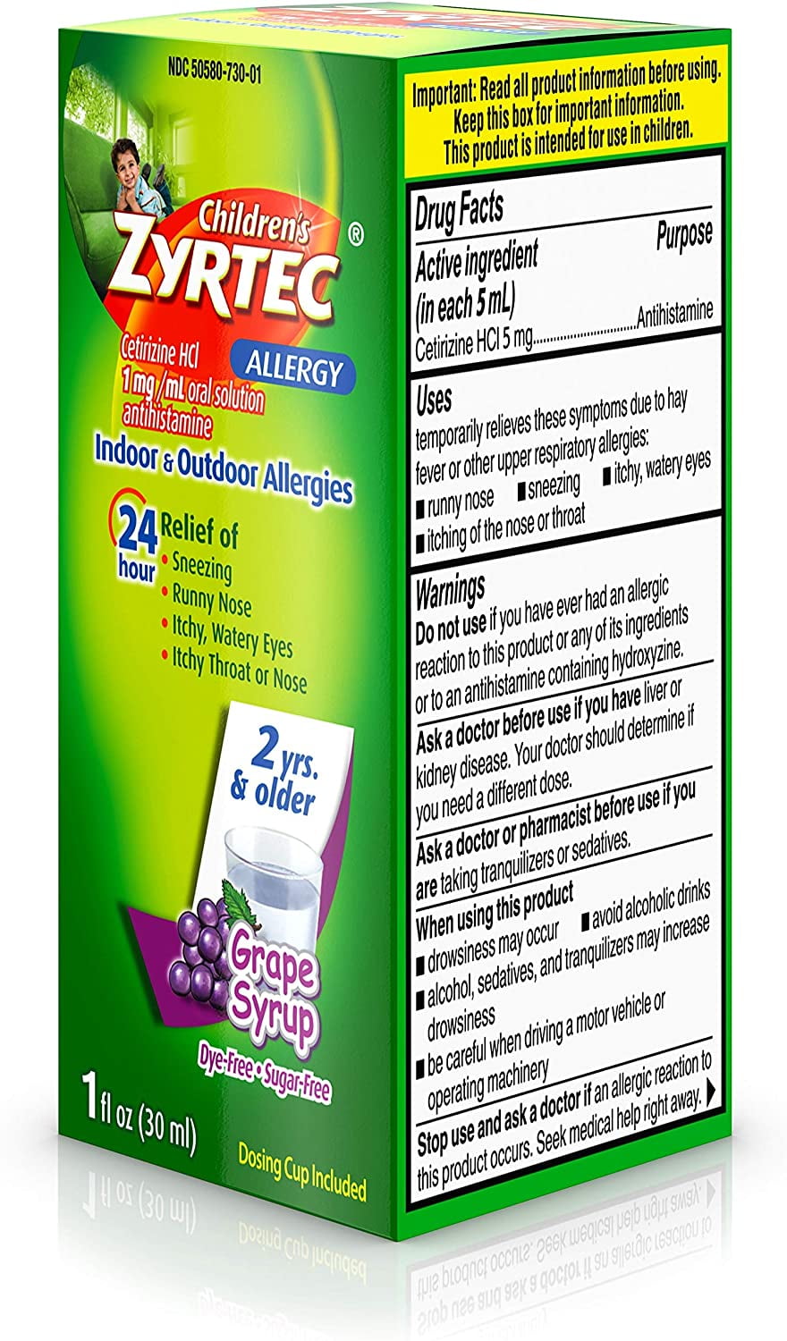 Zyrtec 24 Hr Childrens Allergy Syrup Cetirizine Dye Sugar-Free Grape Flavor 8 oz Pack of 2