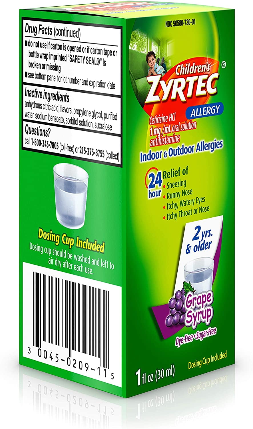 Zyrtec 24 Hr Childrens Allergy Syrup Cetirizine Dye Sugar-Free Grape Flavor 8 oz Pack of 2