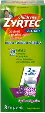 Zyrtec 24 Hour Childrens Allergy Syrup Cetirizine Dye Sugar Free Grape Flavor 8 oz Pack of 2