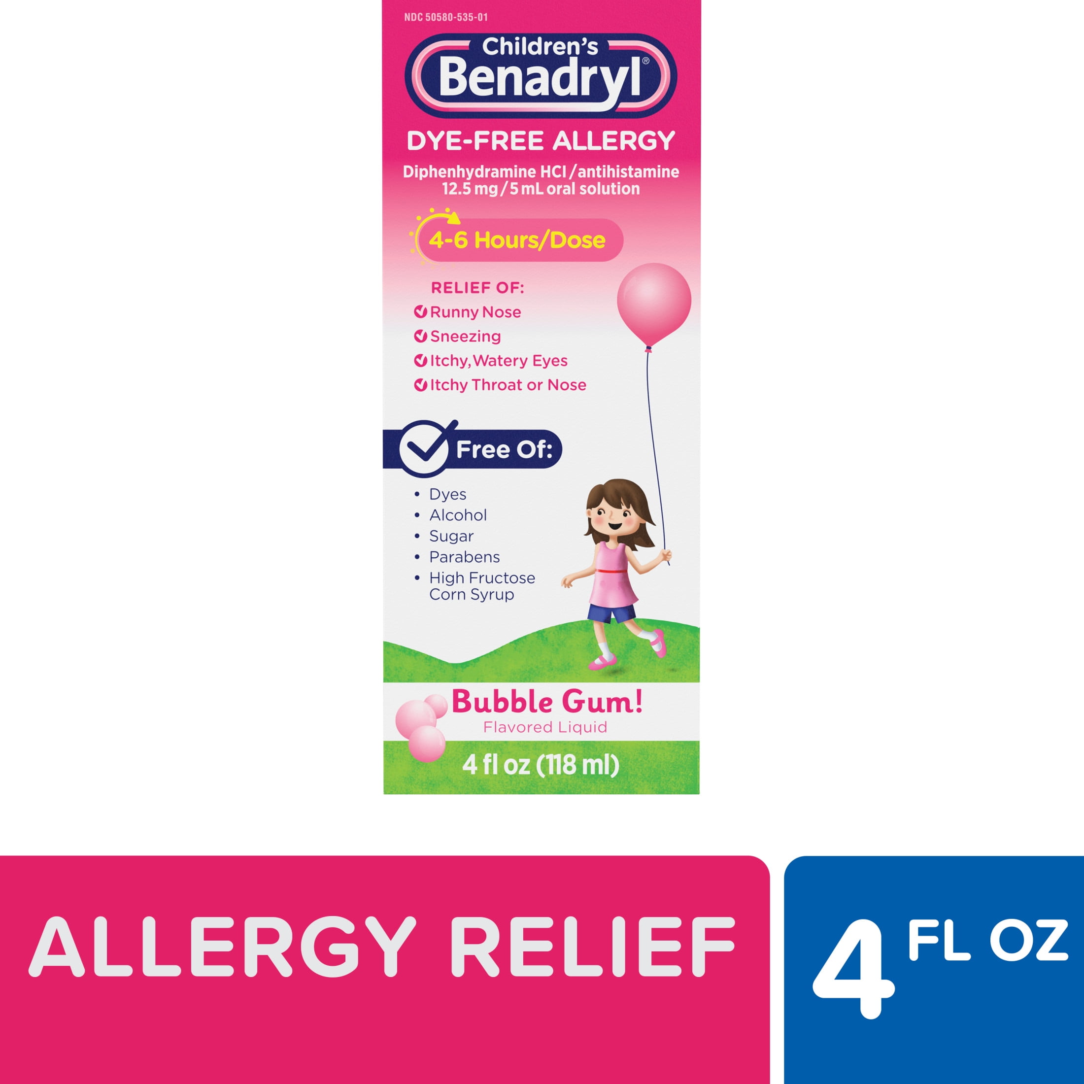 BENADRYL CHILDREN DYE-FREE ALLERGY LIQUID BUBBLE GUM FLAVOR 4 FL OZ.