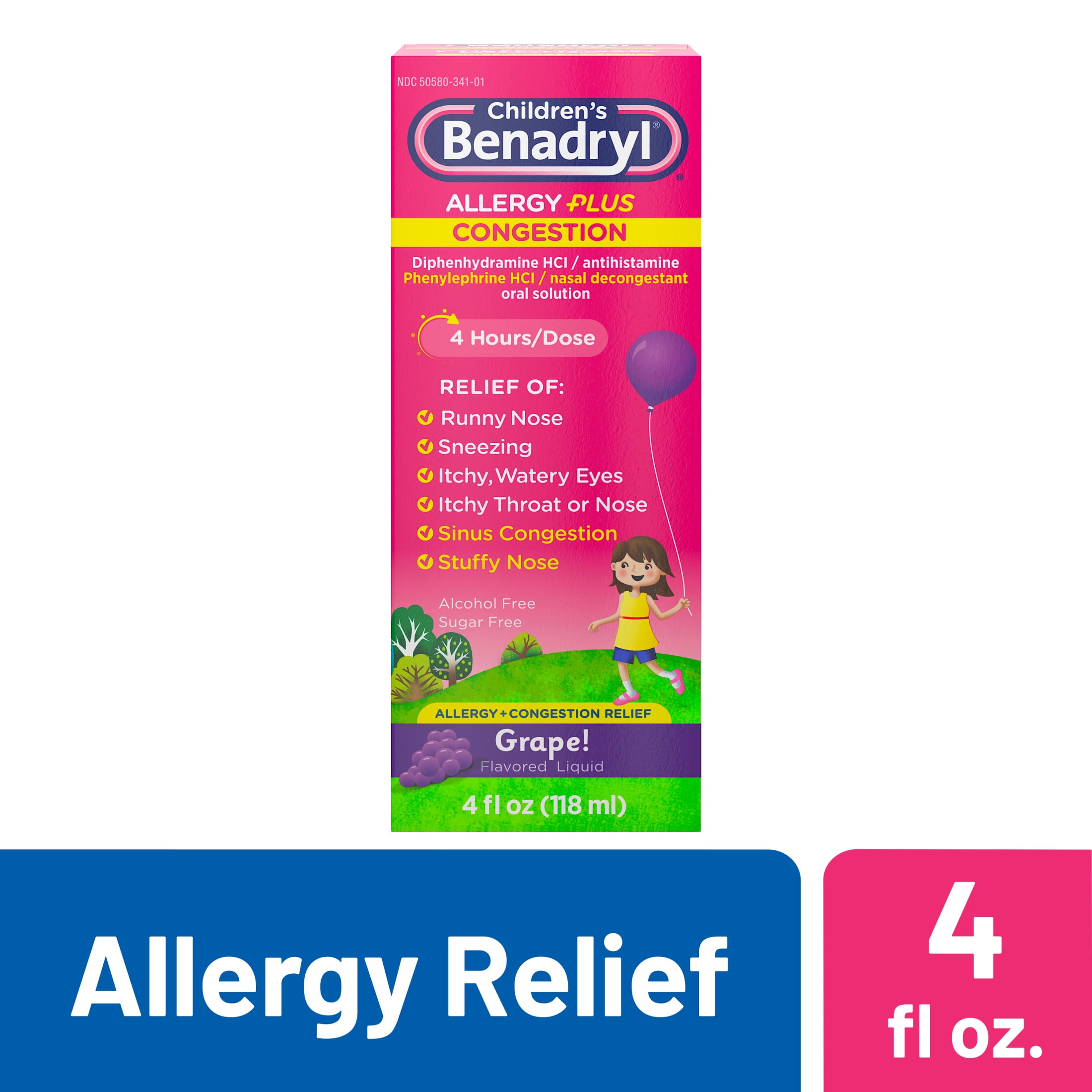 Benadrly Allergy Plus Congestion Relief Liquid Grape 4 fl. oz Childrens