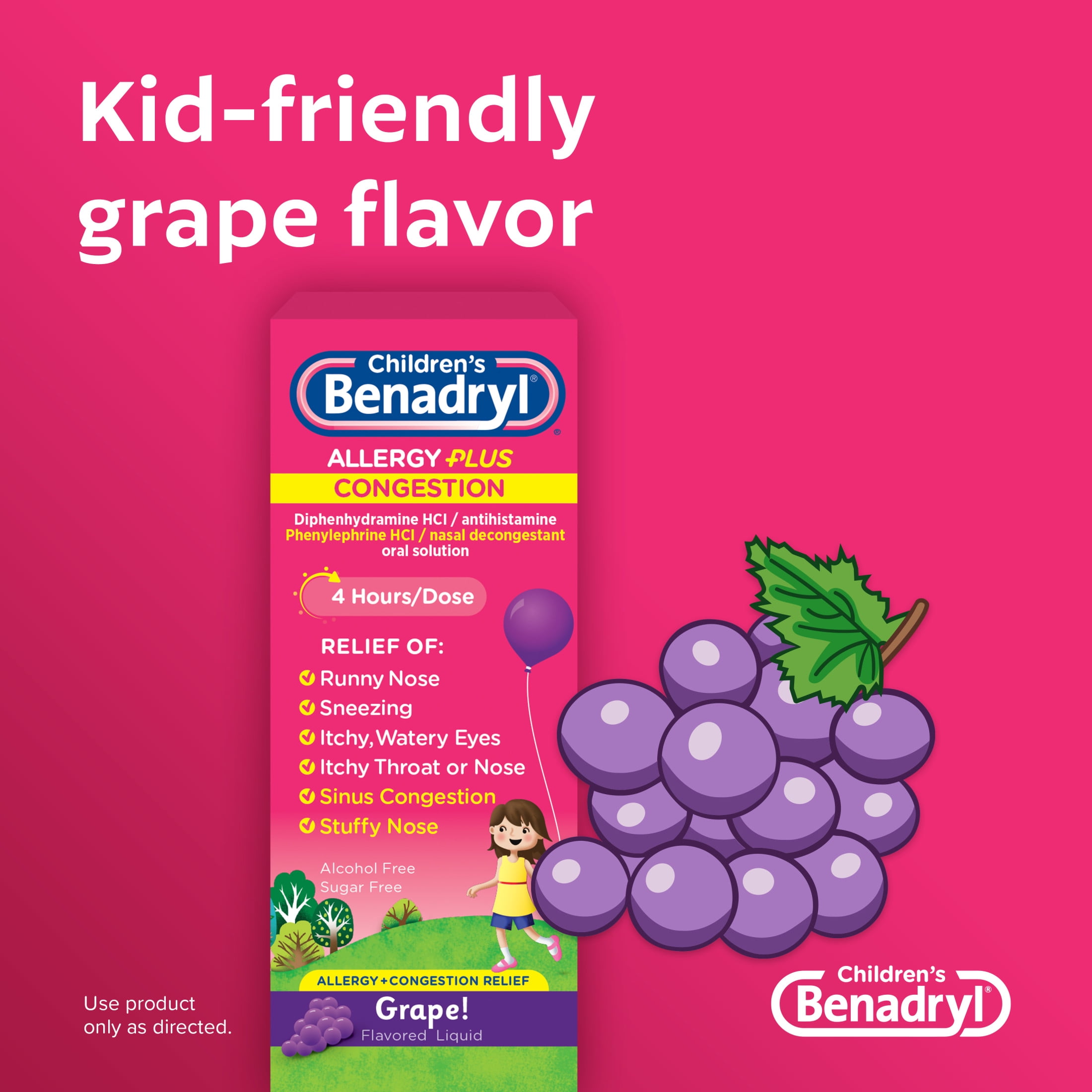 Benadrly Allergy Plus Congestion Relief Liquid Grape 4 fl. oz Childrens