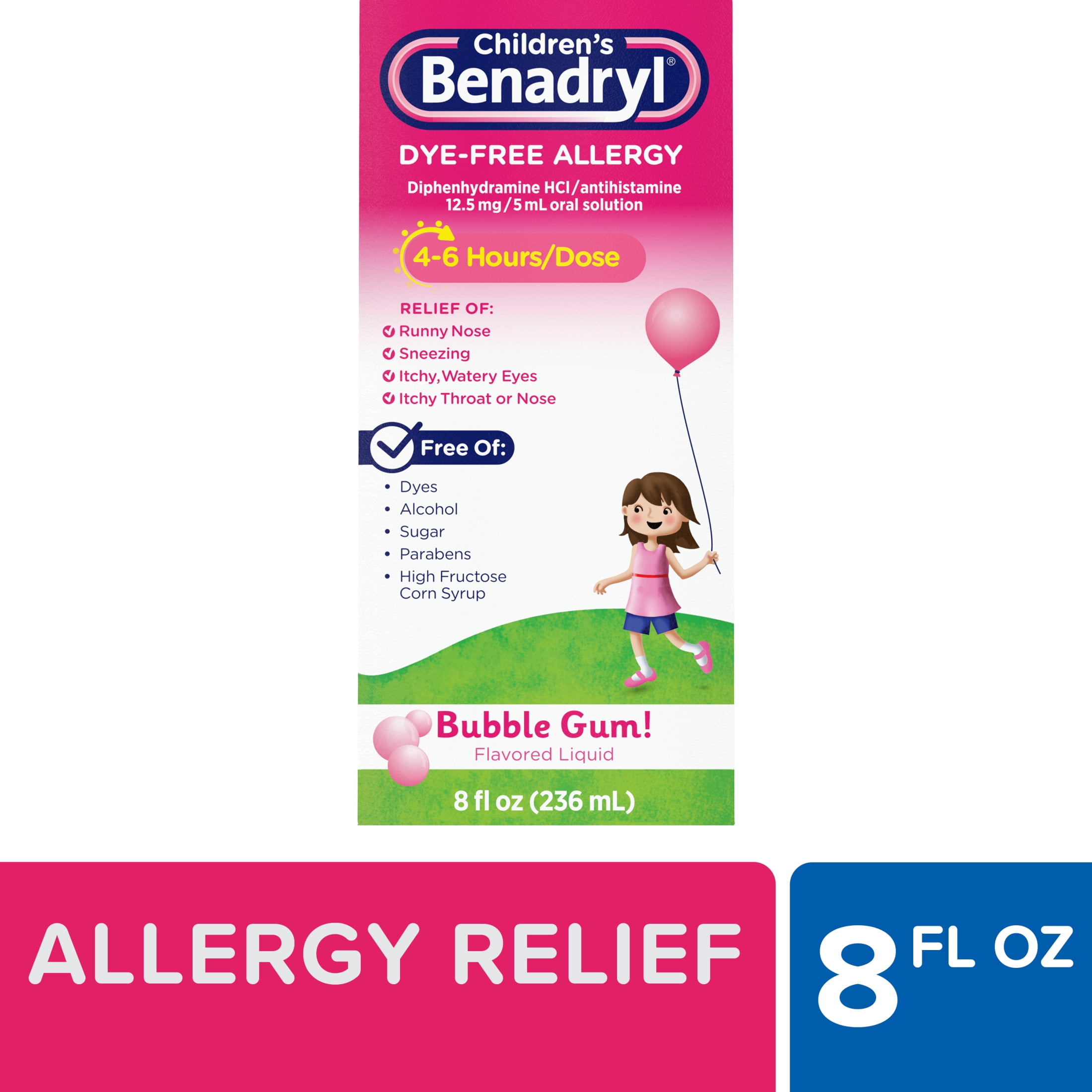 Benadryl Dye Free Allergy Liquid Bubble Gum 8 fl oz Childrens