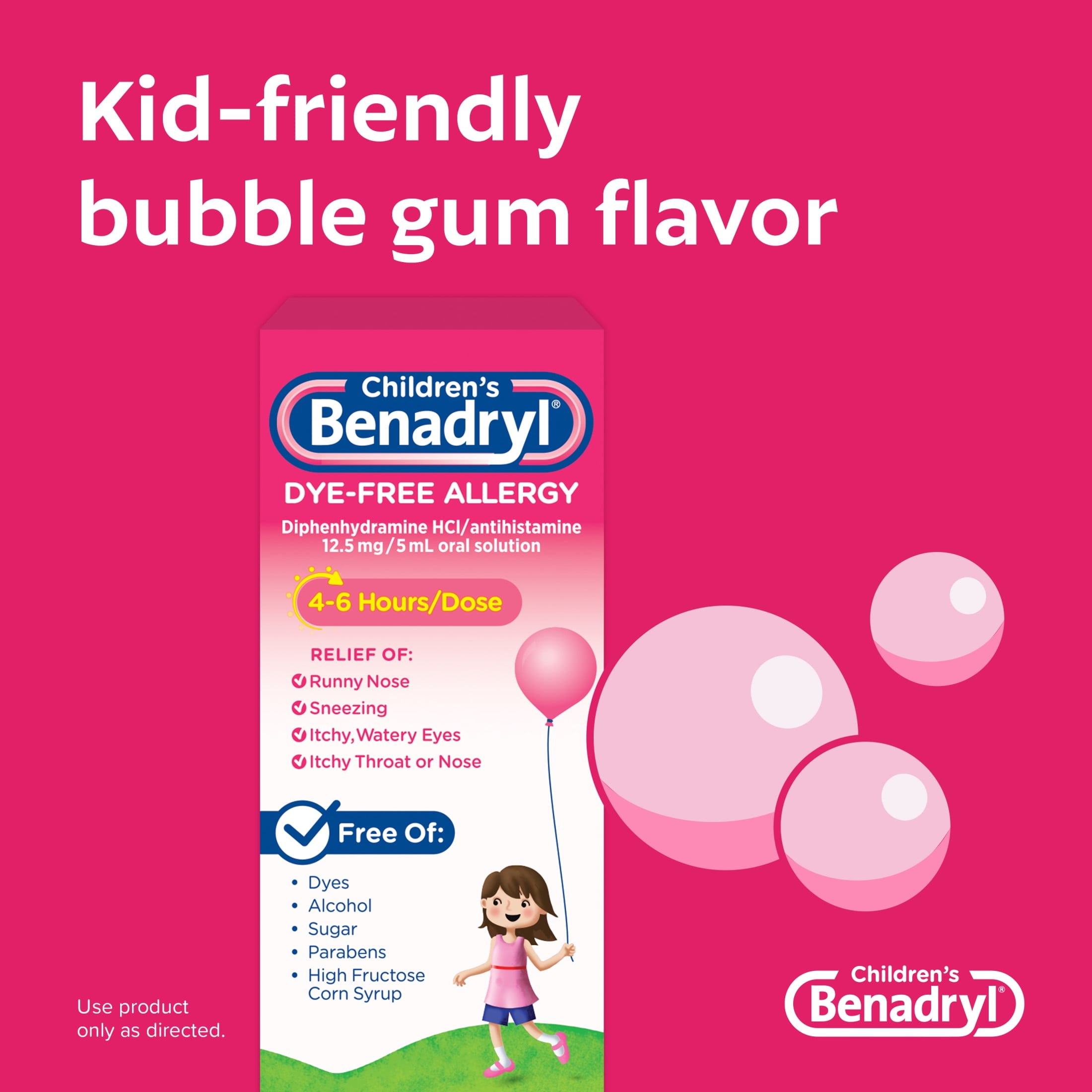 Benadryl Dye Free Allergy Liquid Bubble Gum 8 fl oz Childrens