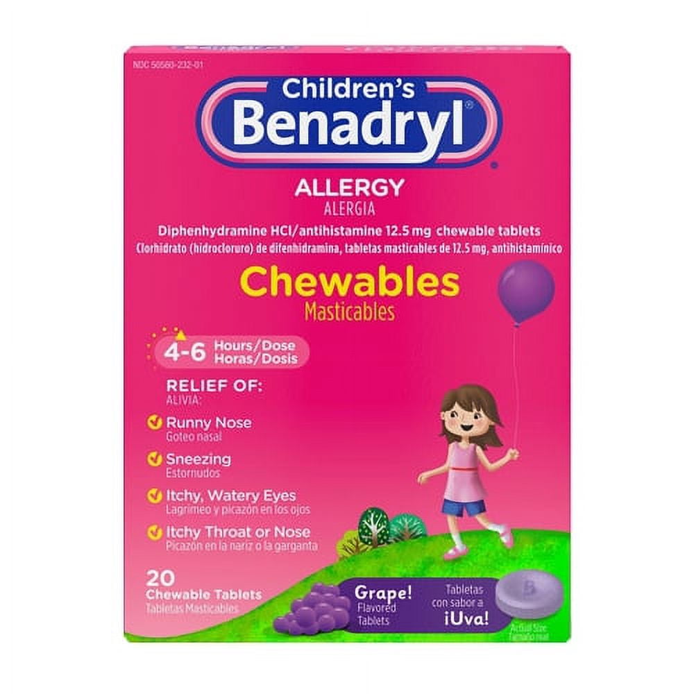 Benadryl Allergy Chewable Tablets Grape 20 Each 6 Pack Childrens