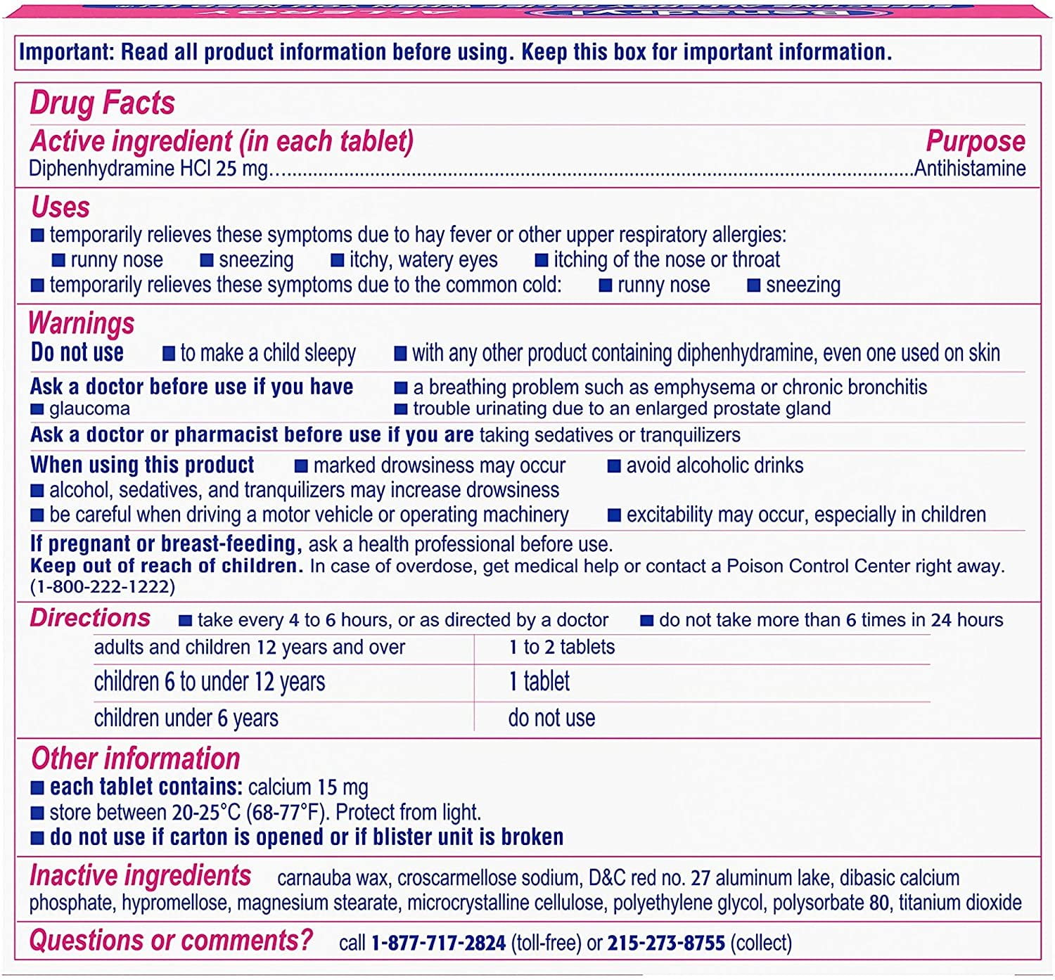 Benadryl Allergy Ultratabs 25mg Diphenhydramine HCl Antihistamine Tablets 100 Count