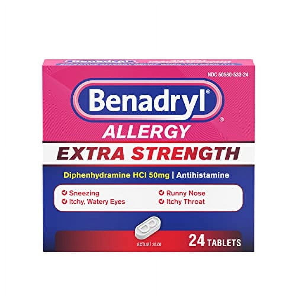 Benadryl Extra Strength Allergy Relief Medicine 50mg Diphenhydramine HCl Tablets 24ct