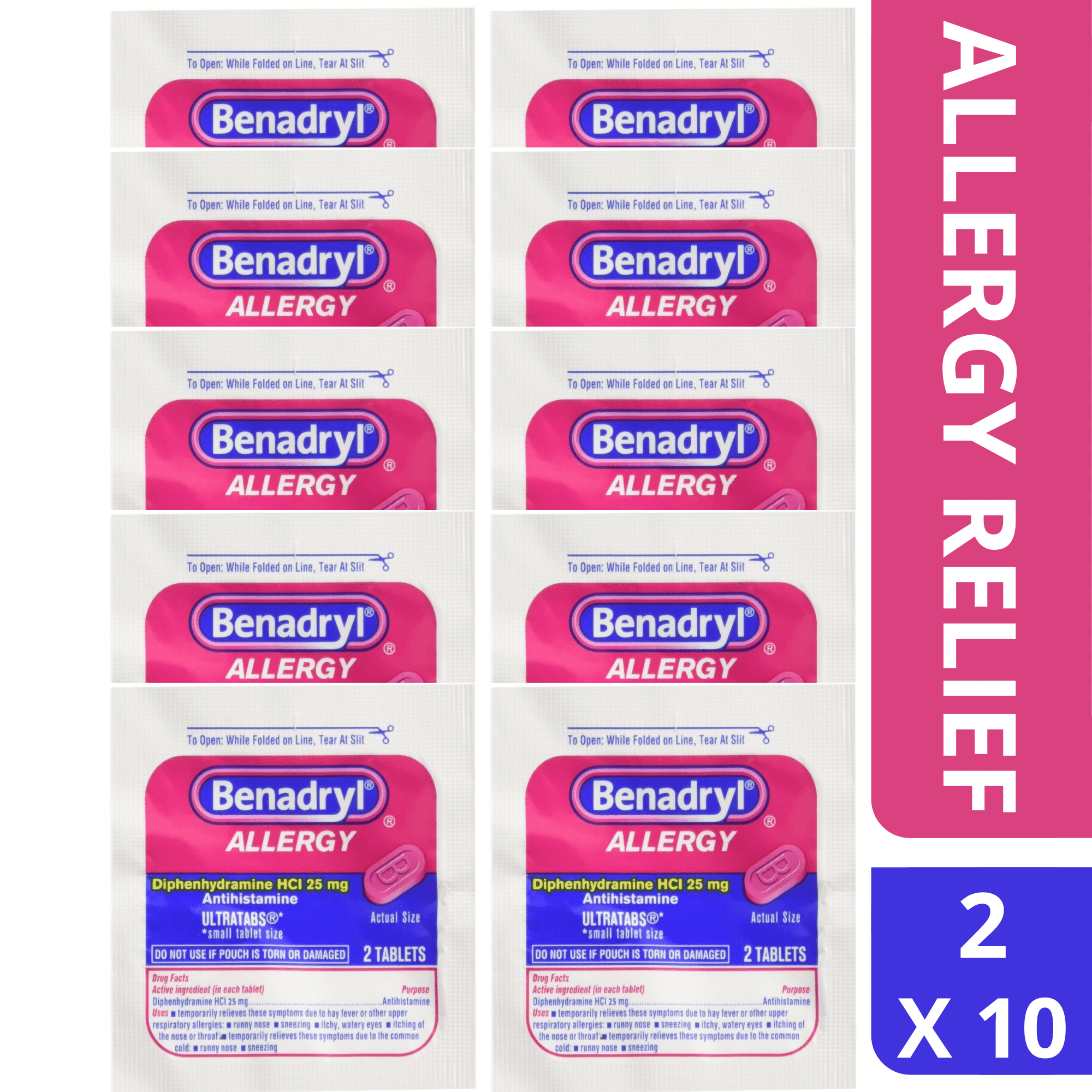 Benadryl Allergy Ultra Tabs On The Go Convenience Packets 2 Tablet Per Packet UNBOXED 10 Pack