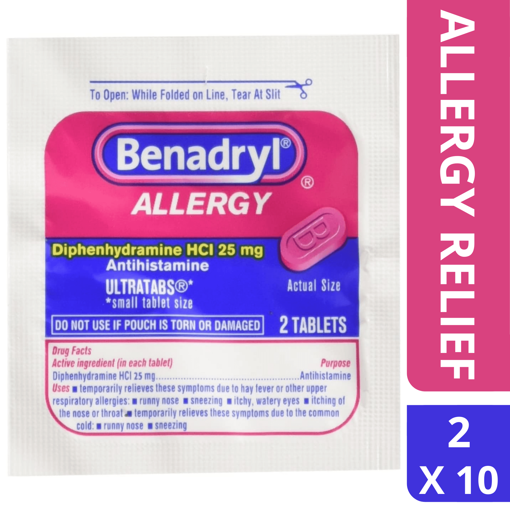 Benadryl Allergy Ultra Tabs On The Go Convenience Packets 2 Tablet Per Packet UNBOXED 10 Pack