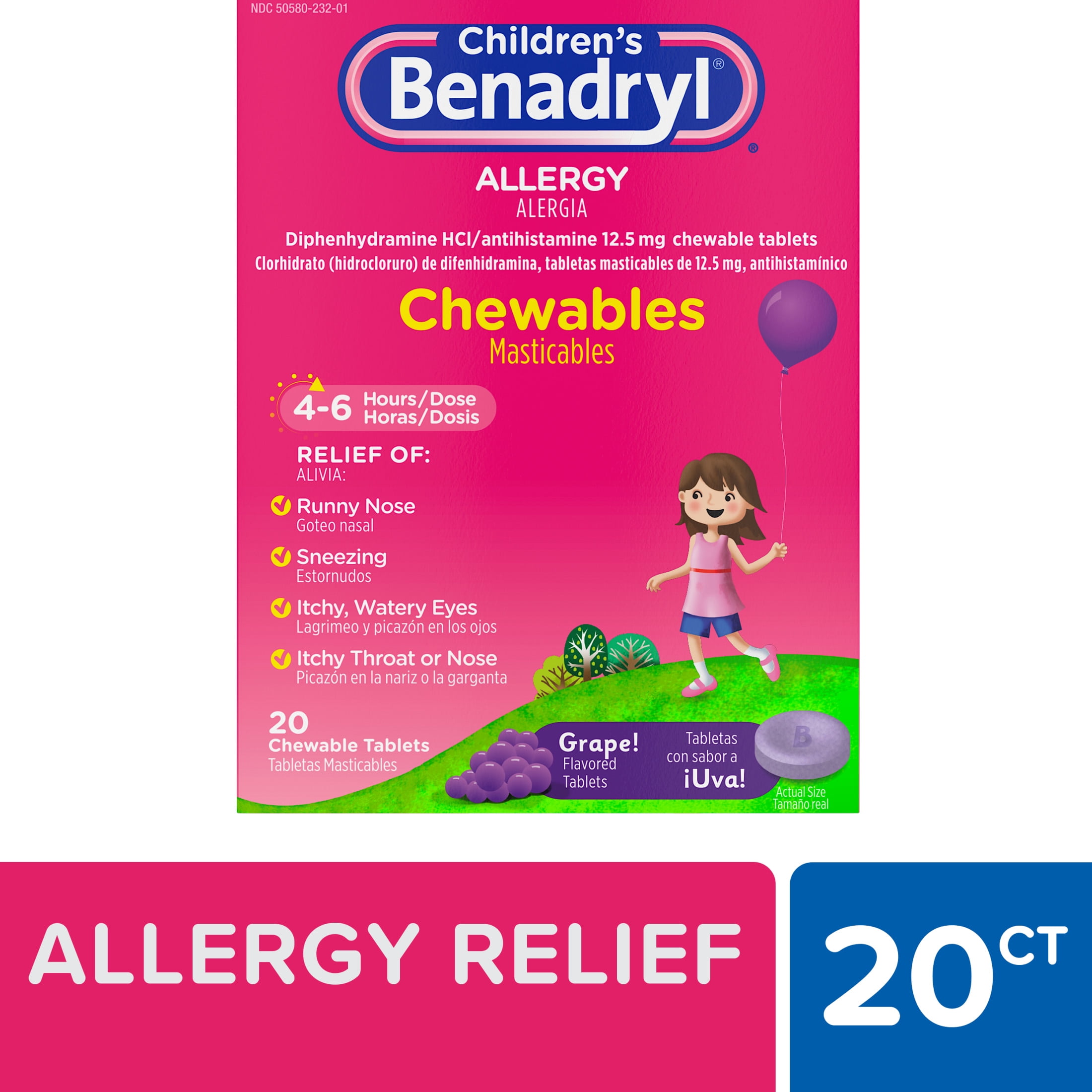 Benadryl Allergy Relief Chewable Tablets Grape Flavor 20 Count Childrens